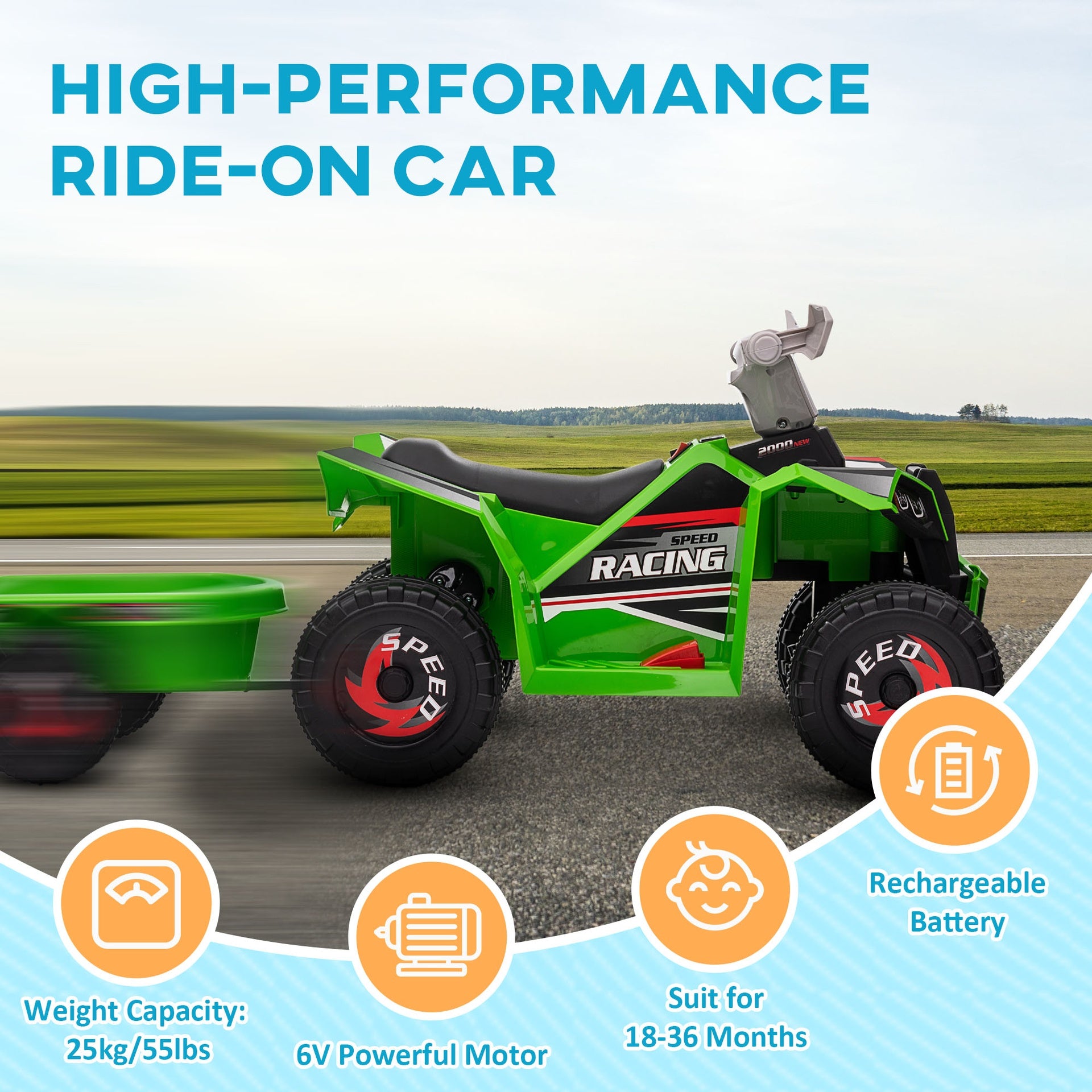Aosom 6V Electric Toy Car with Back Trailer, Forward Backward, Wear-Resistant Wheels for Ages 18-36 Months, Green