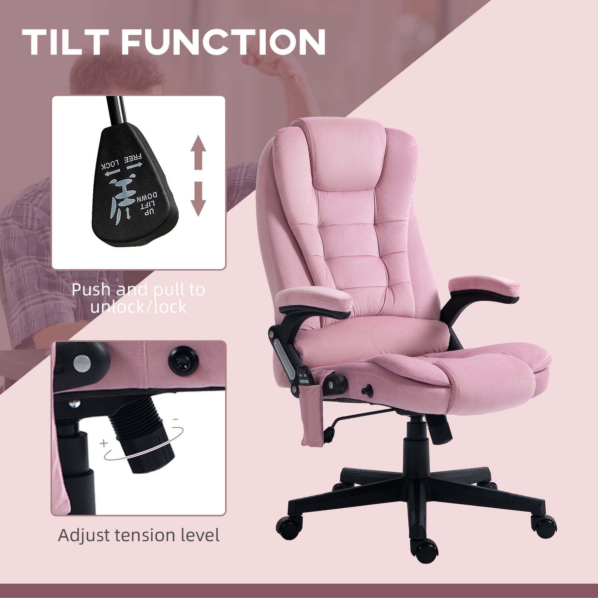 HOMCOM 6 Point Executive Office Chair with Heat, Velvet High Back Vibrating Massage Office Chair, Pink