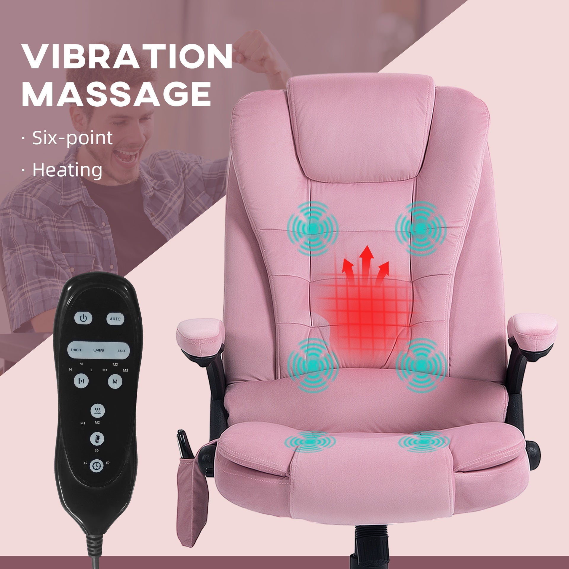 HOMCOM 6 Point Executive Office Chair with Heat, Velvet High Back Vibrating Massage Office Chair, Pink