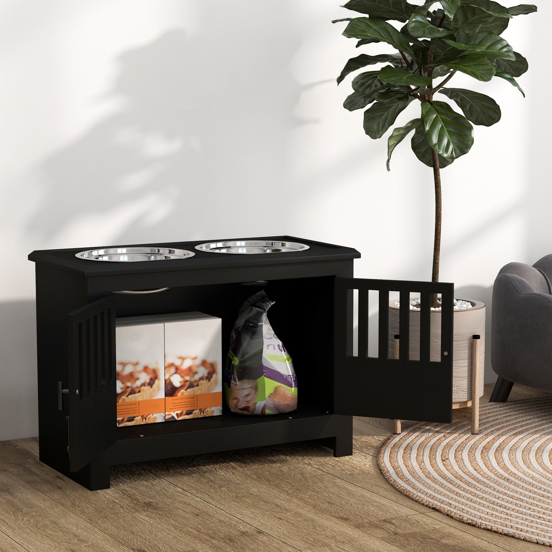 PawHut Dog Food Storage Cabinet with Bowls & Dog Feeding Station, Black