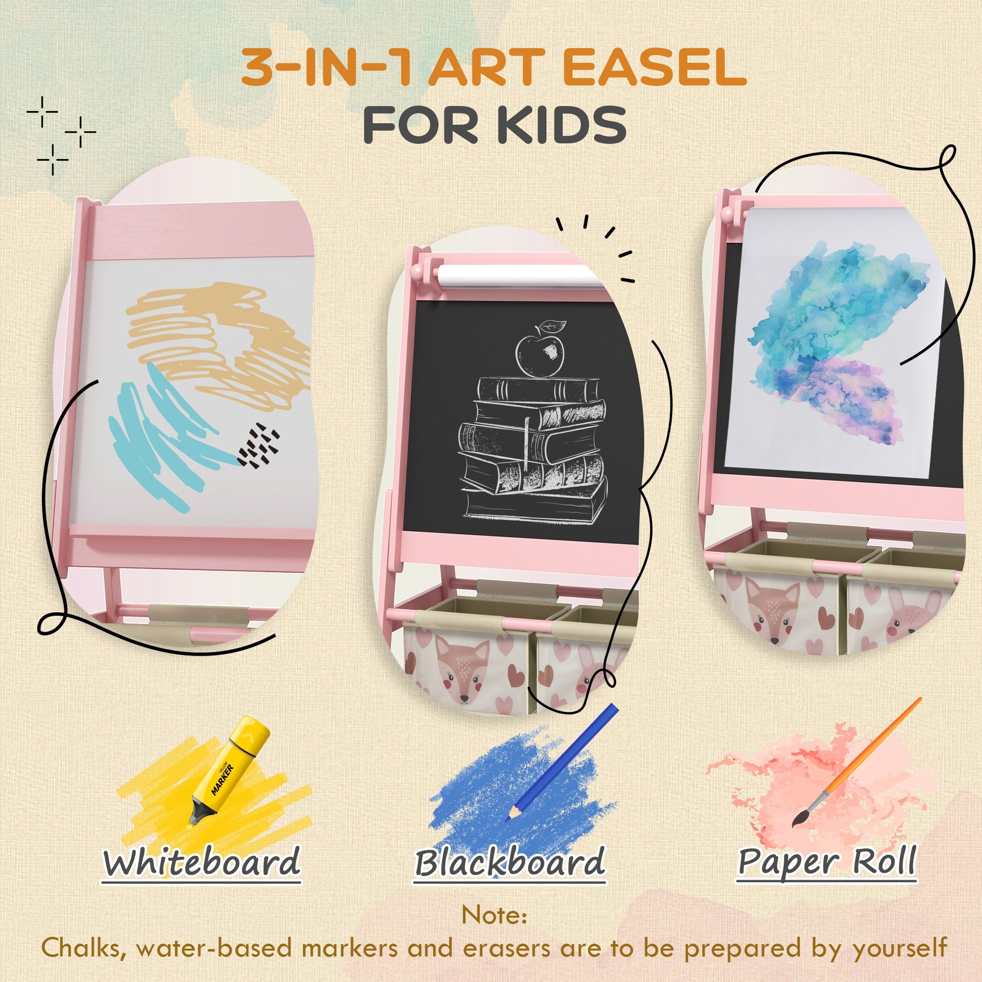 Qaba Art Easel for Kids with Paper Roll, Blackboard, Whiteboard, Storage, Pink