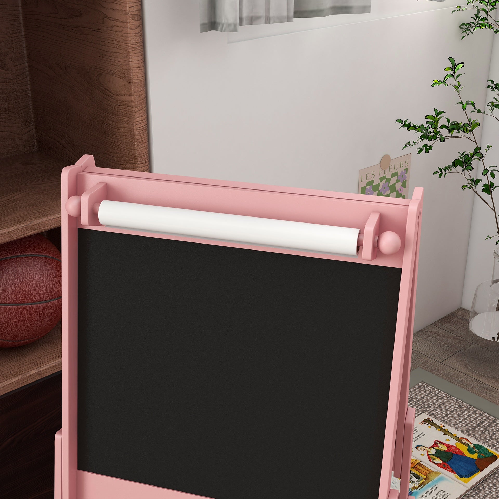 Qaba Art Easel for Kids with Paper Roll, Blackboard, Whiteboard, Storage, Pink