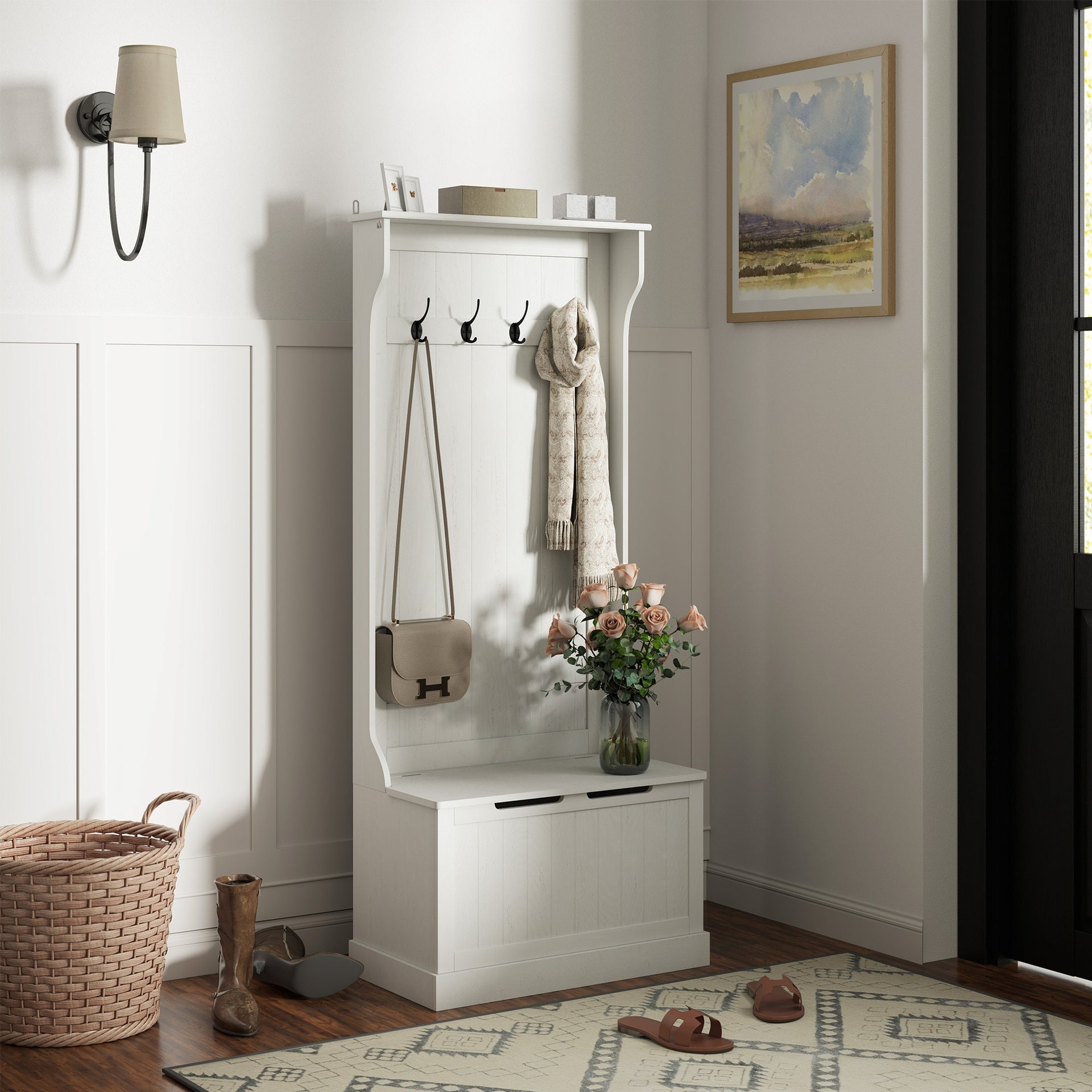 HOMCOM Hall Tree with Coat Rack, Storage, and Sitting Bench, Cream White