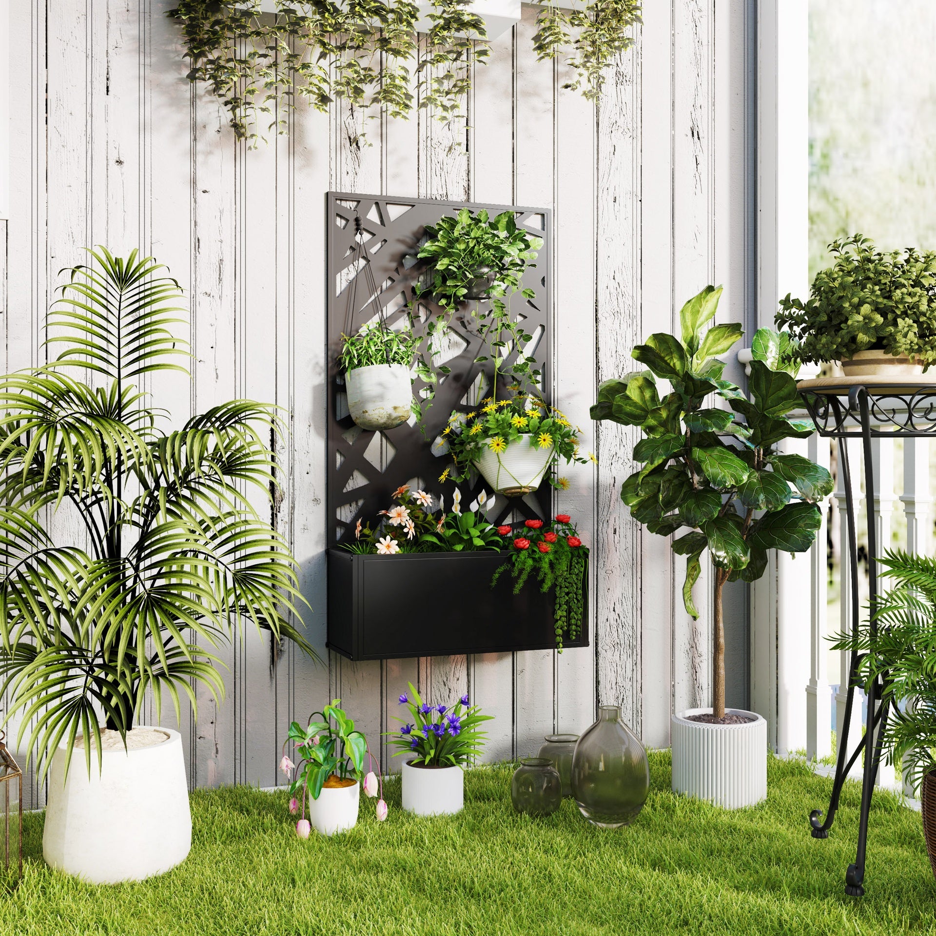 Outsunny Metal Planter Box Raised Garden Bed with Decorative Privacy Screen, Wall-mounted or Freestanding, 24" x 9.1" x 44.5"
