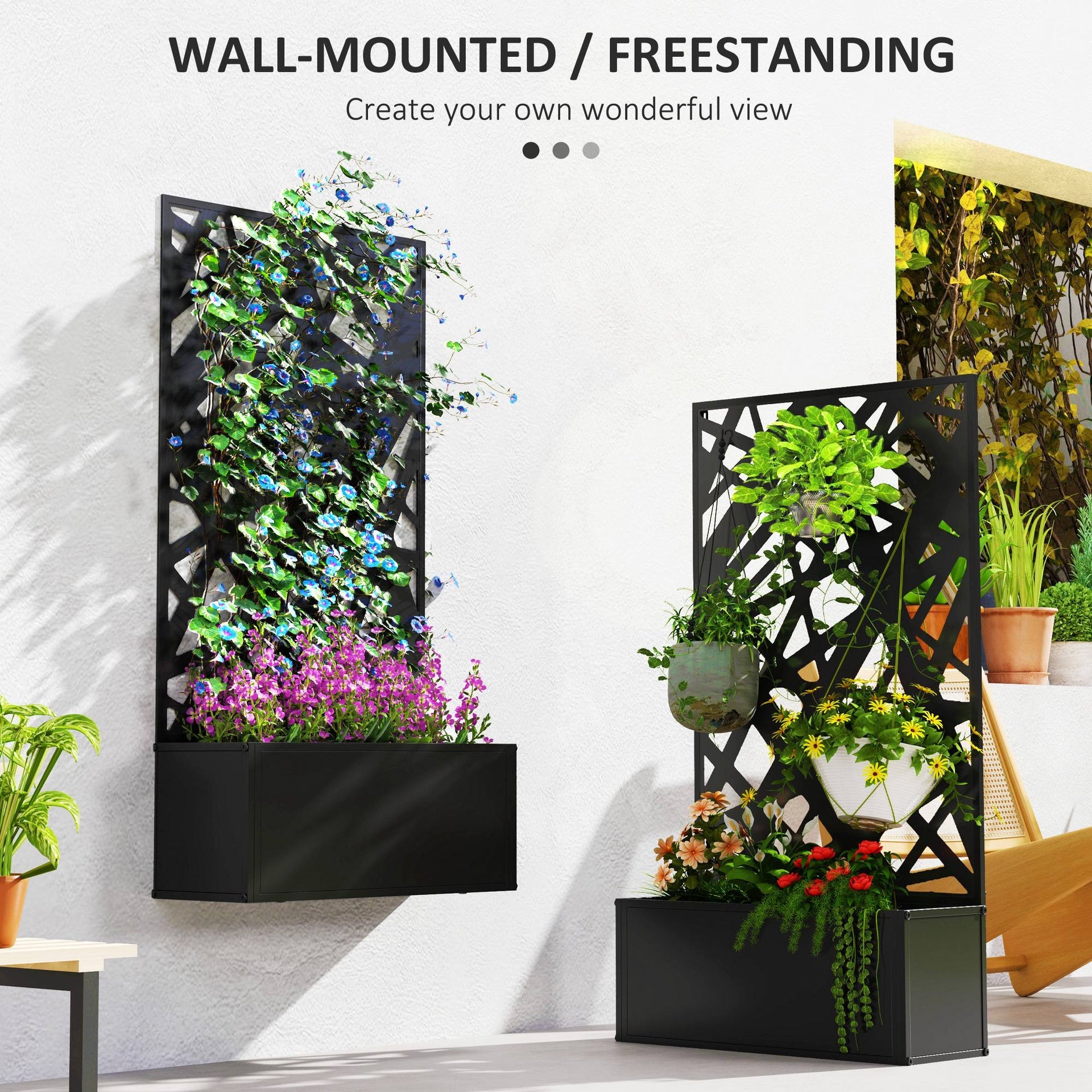 Outsunny Metal Planter Box Raised Garden Bed with Decorative Privacy Screen, Wall-mounted or Freestanding, 24" x 9.1" x 44.5"