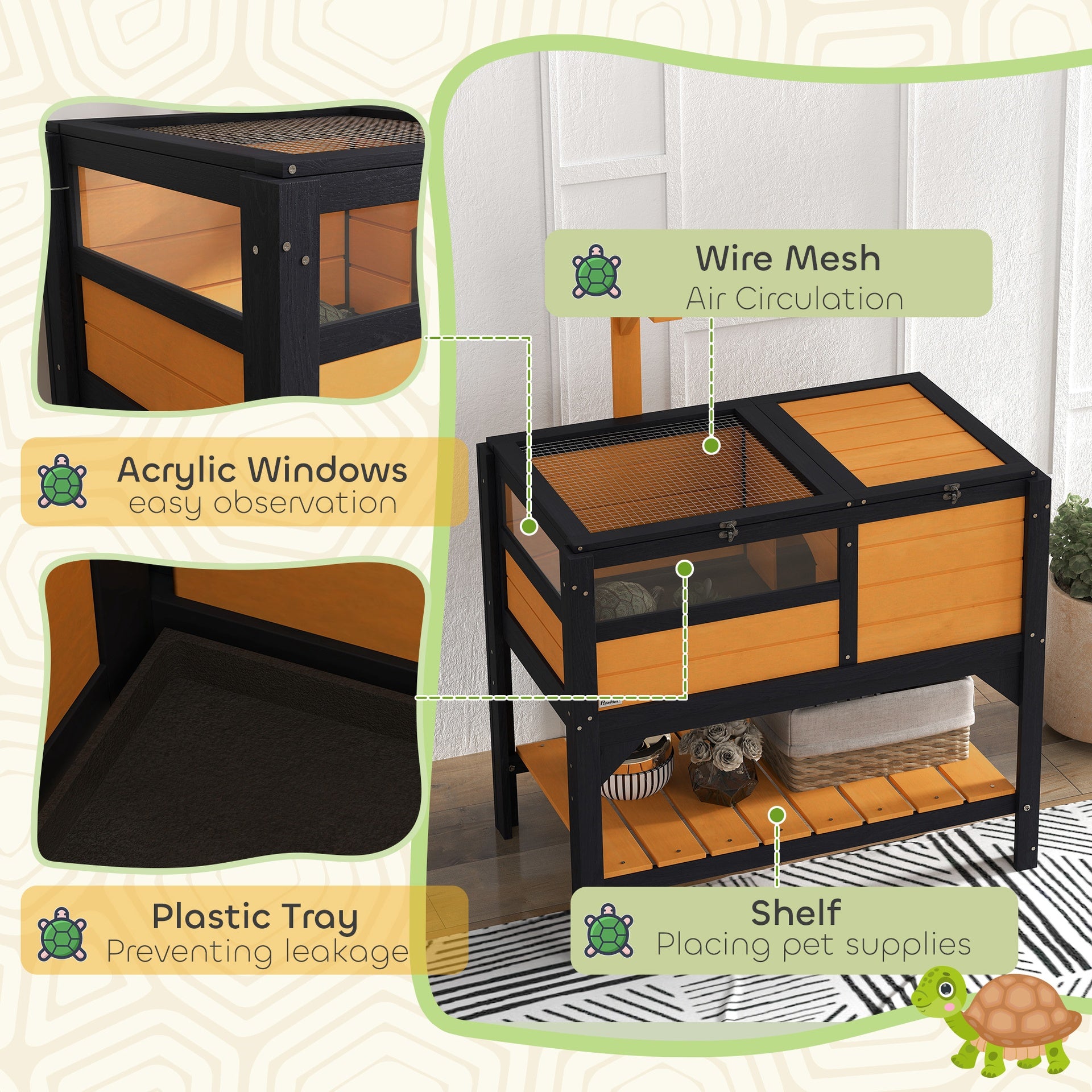 PawHut Tortoise Habitat with Shelf Storage Tortoise Gift Accessory with Weather Protection for Indoor, Yellow