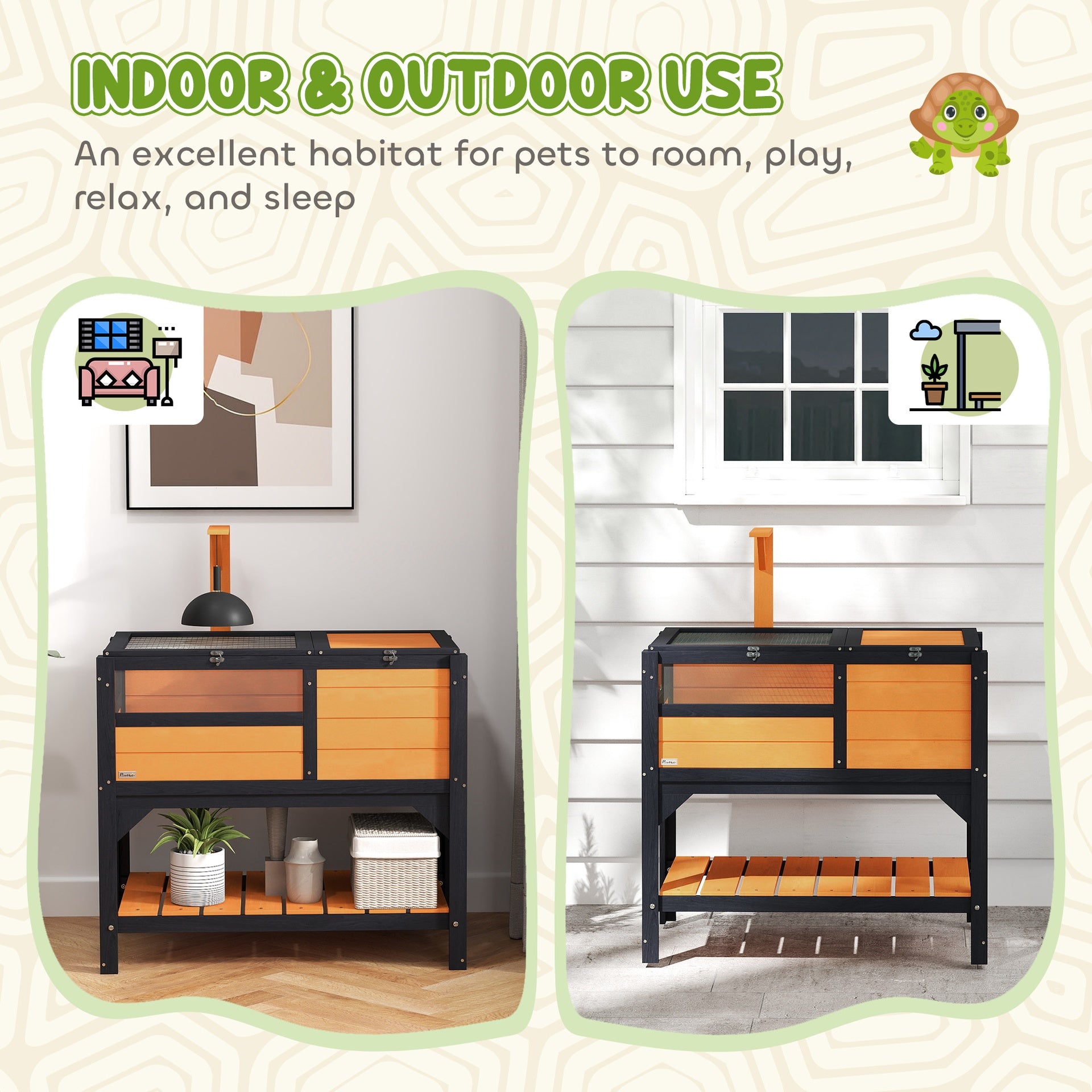 PawHut Tortoise Habitat with Shelf Storage Tortoise Gift Accessory with Weather Protection for Indoor, Yellow