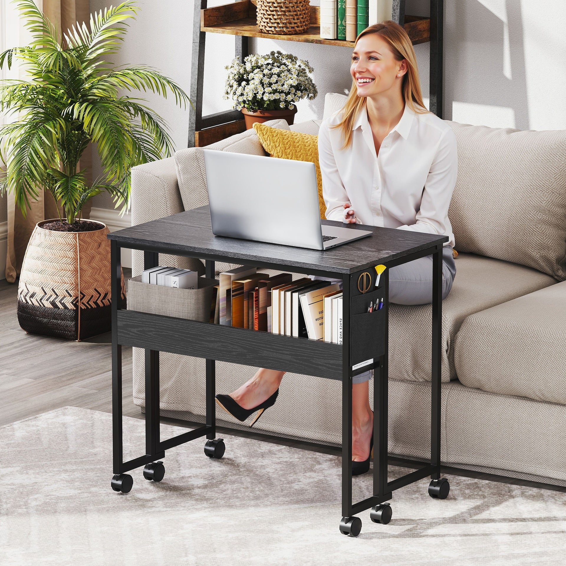 HOMCOM Folding Computer Desk, Foldable Desk with Storage Bag, Shelf and Wheels for Small Spaces, Home Office, Black