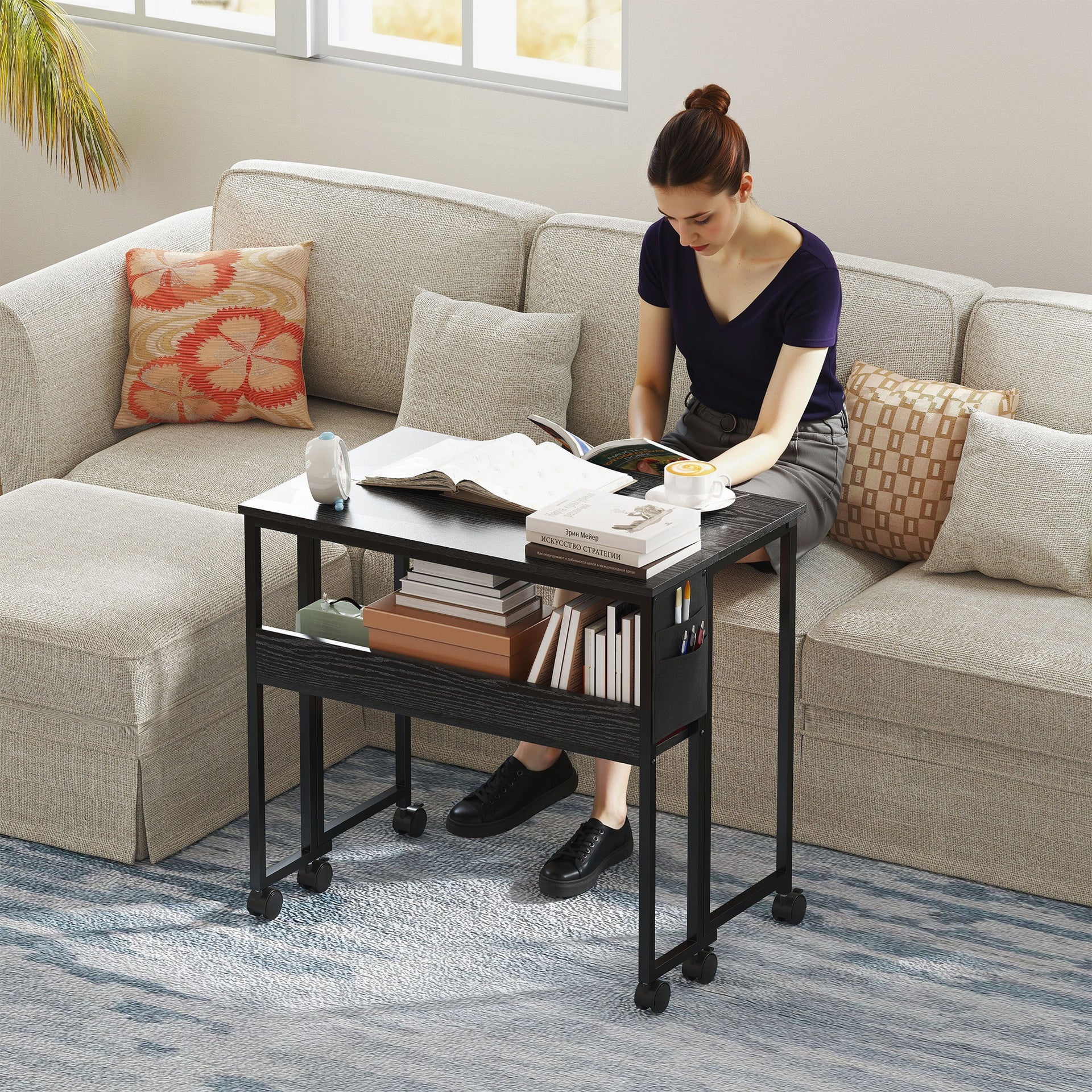 HOMCOM Folding Computer Desk, Foldable Desk with Storage Bag, Shelf and Wheels for Small Spaces, Home Office, Black