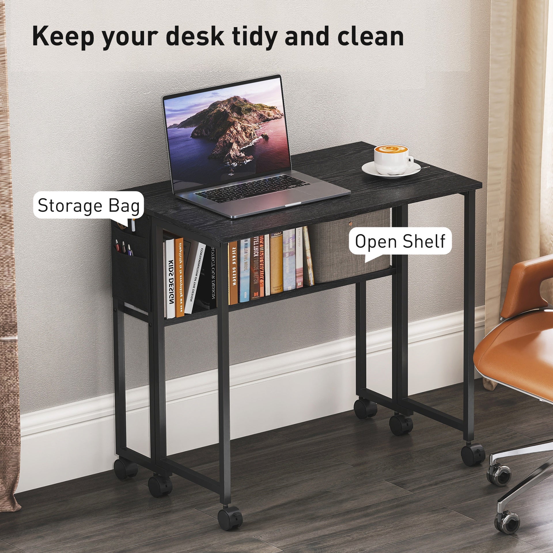 HOMCOM Folding Computer Desk, Foldable Desk with Storage Bag, Shelf and Wheels for Small Spaces, Home Office, Black