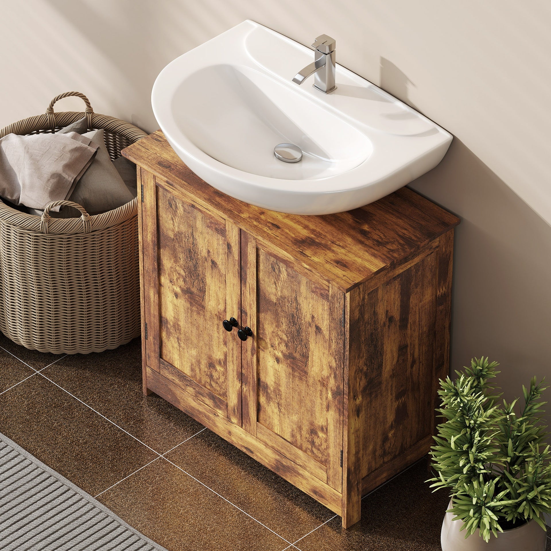 HOMCOM Bathroom Vanity Cabinet, Under Sink Bathroom Cabinet with 2 Doors and Adjustable Shelf, Rustic Brown