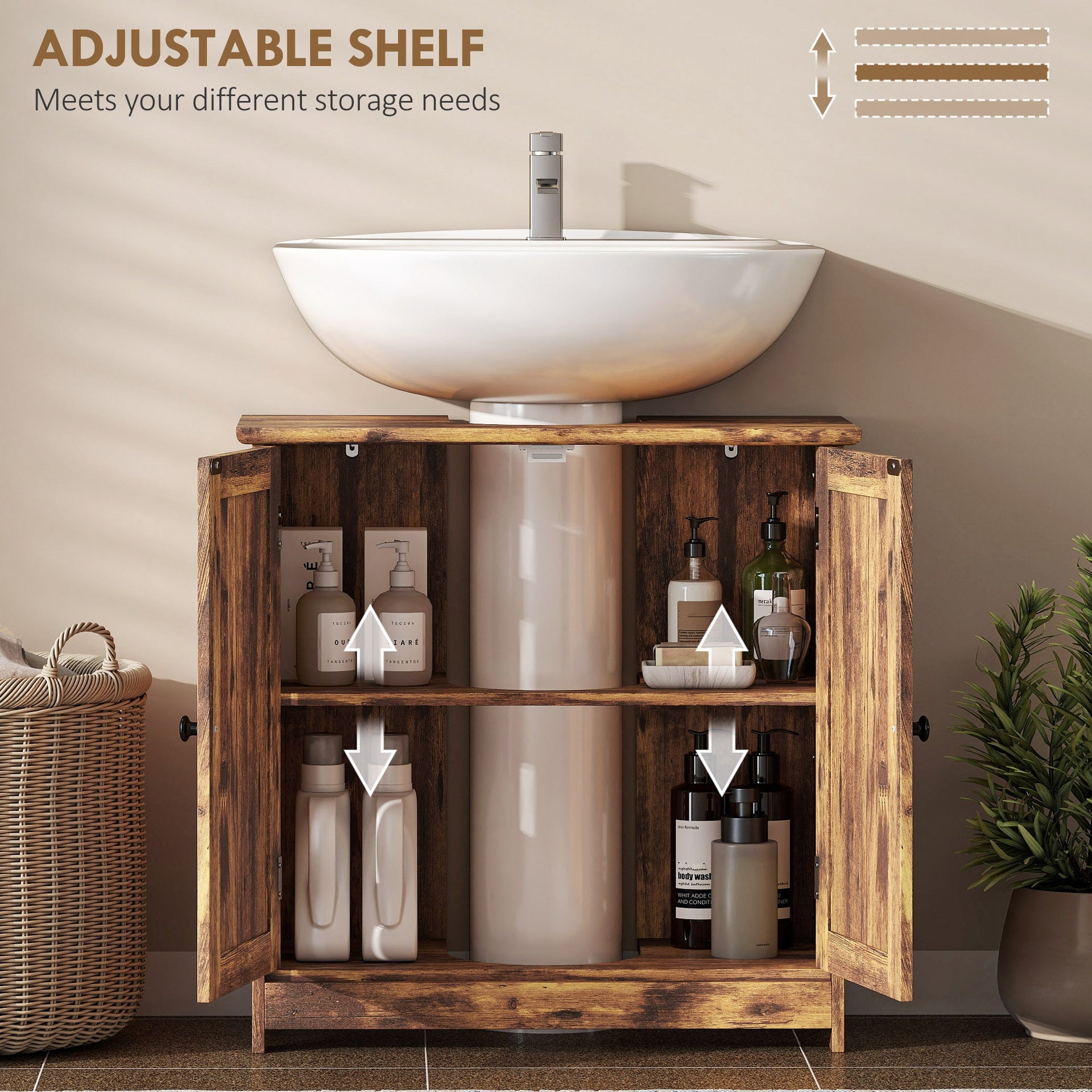 HOMCOM Bathroom Vanity Cabinet, Under Sink Bathroom Cabinet with 2 Doors and Adjustable Shelf, Rustic Brown