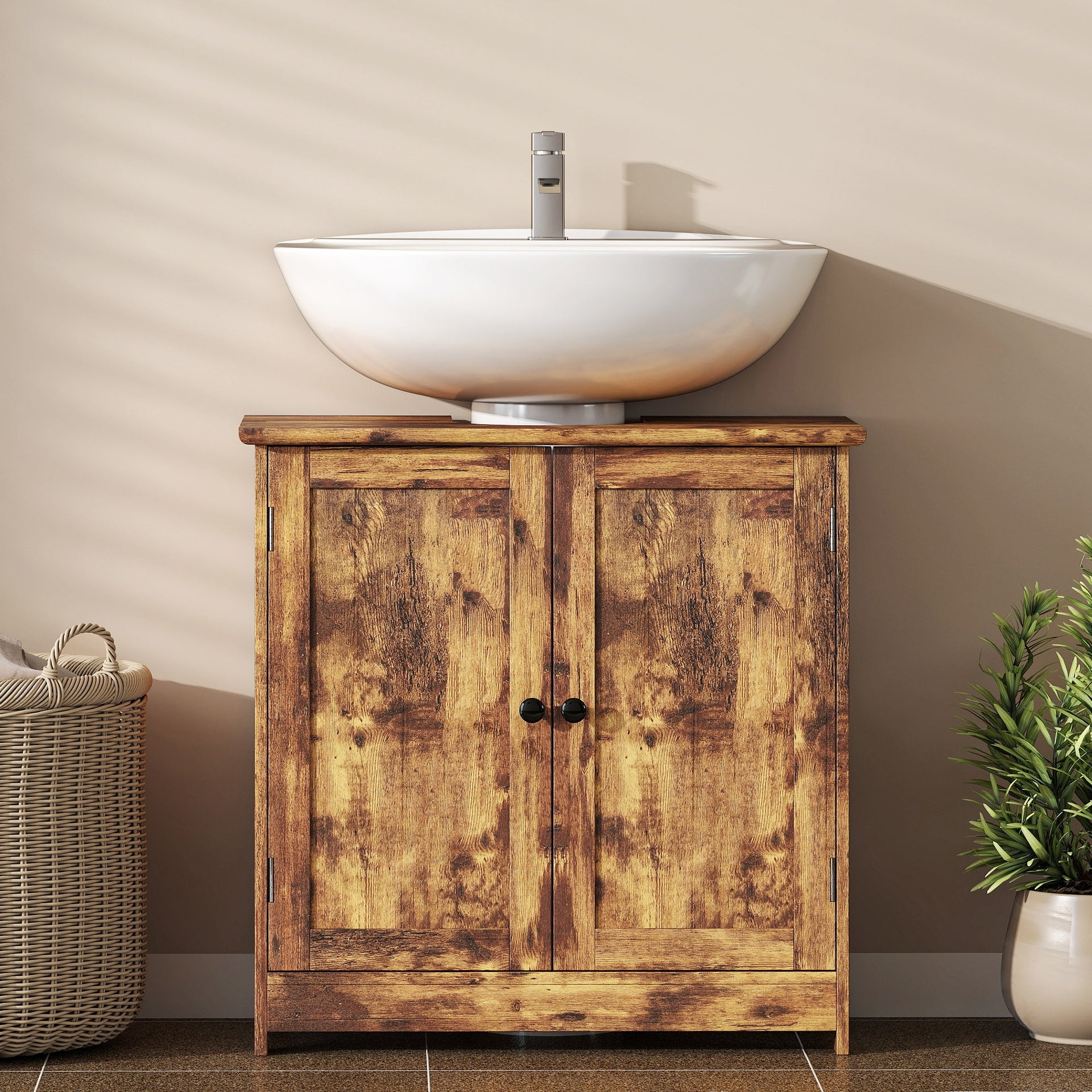 HOMCOM Bathroom Vanity Cabinet, Under Sink Bathroom Cabinet with 2 Doors and Adjustable Shelf, Rustic Brown
