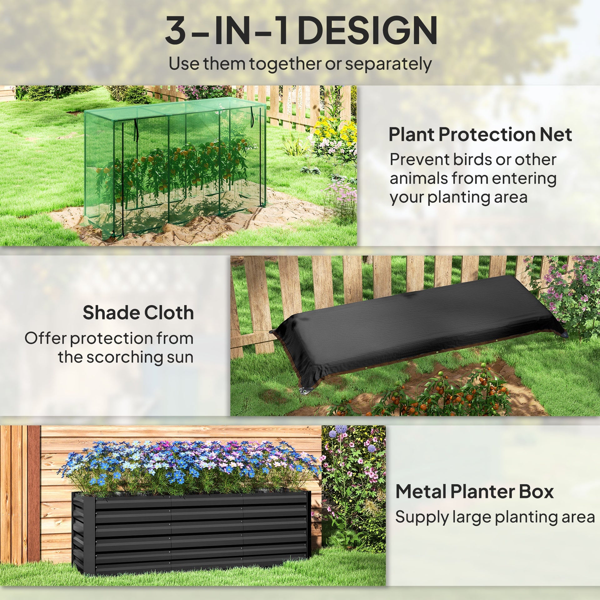 Outsunny Galvanized Steel Planter Box with Crop Cage and Shade Cloth, Raised Garden Bed for Flowers, Veggies and Herbs, Dark Gray