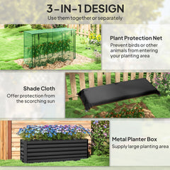 Outsunny Galvanized Steel Planter Box with Crop Cage and Shade Cloth, Raised Garden Bed for Flowers, Veggies and Herbs, Dark Gray