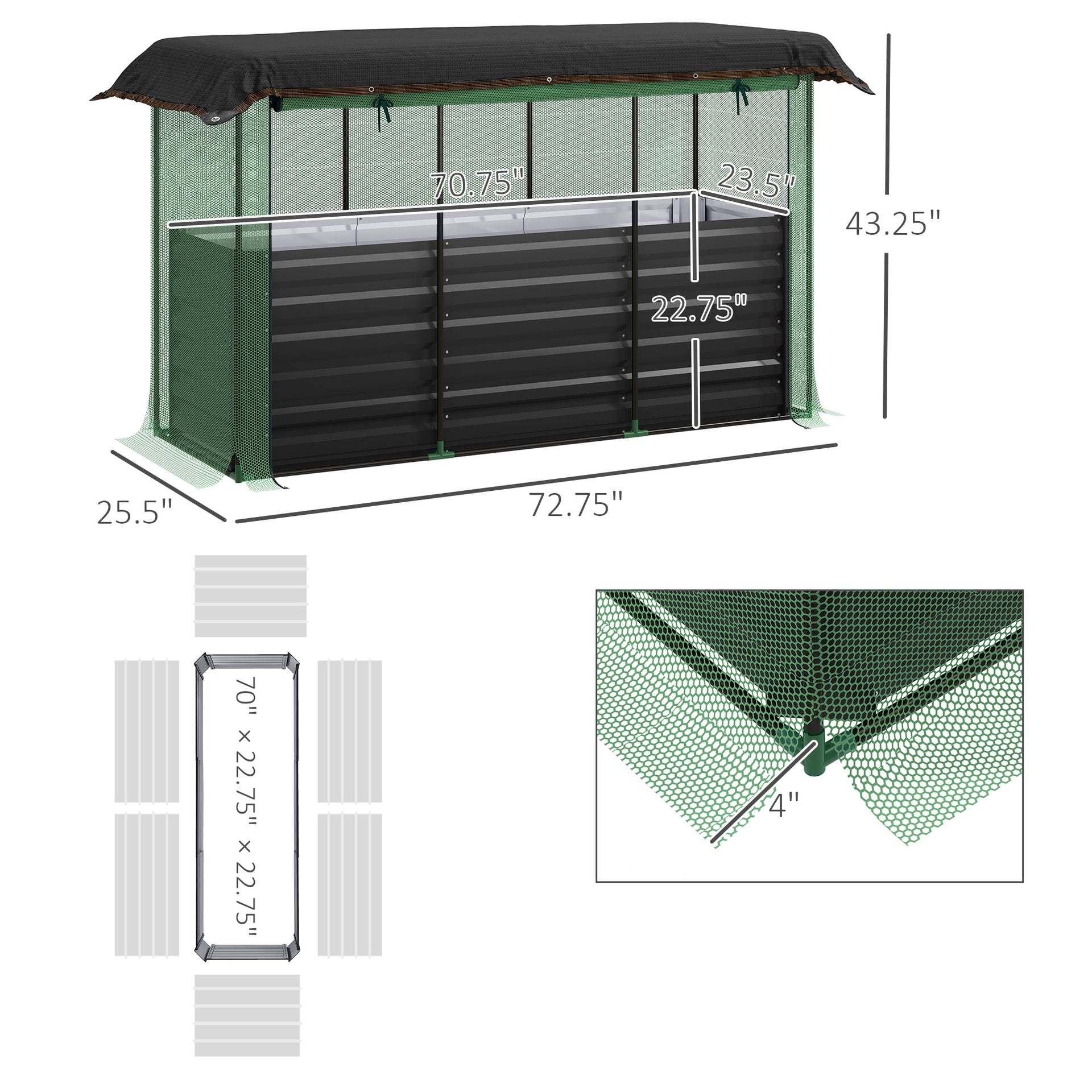 Outsunny Galvanized Steel Planter Box with Crop Cage and Shade Cloth, Raised Garden Bed for Flowers, Veggies and Herbs, Dark Gray