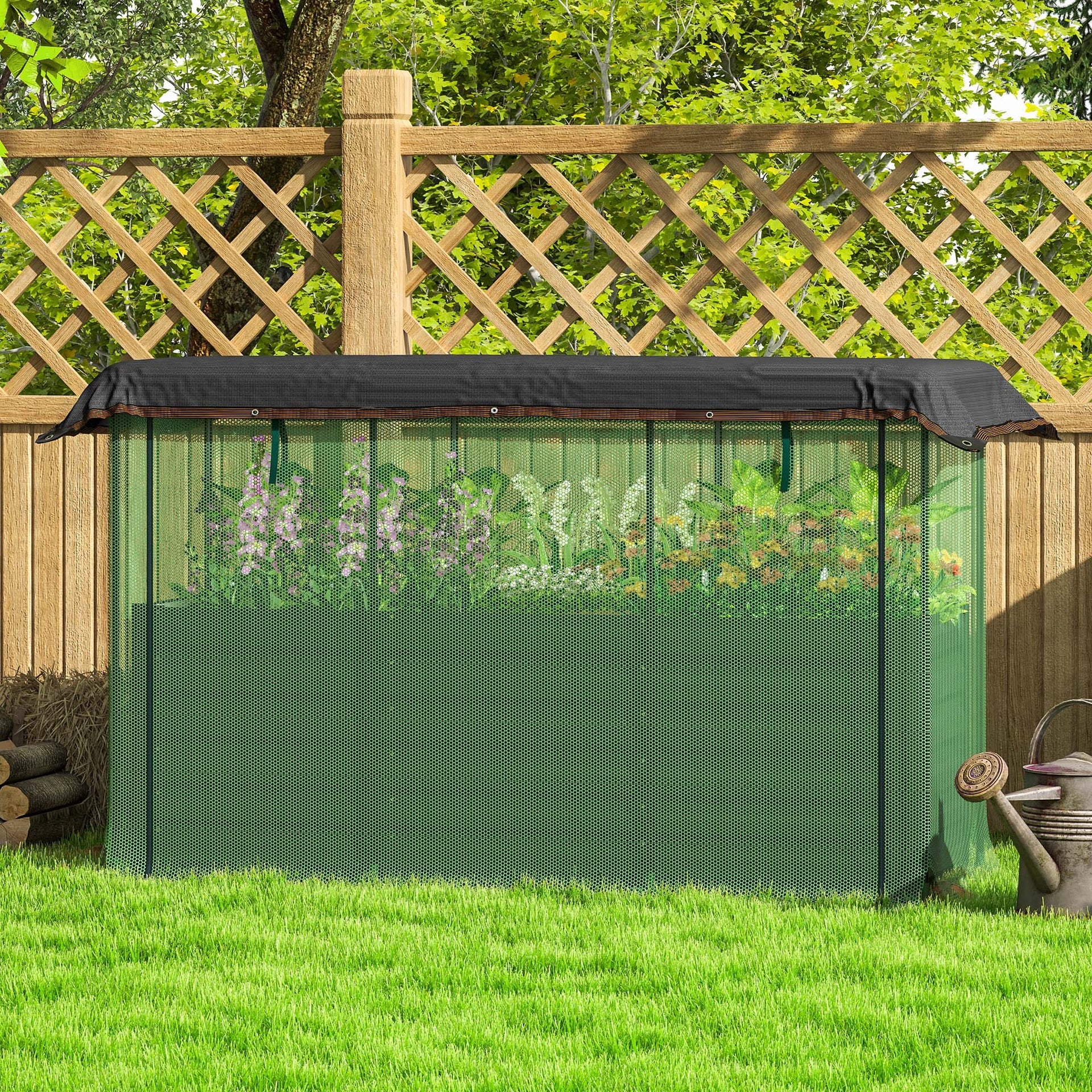 Outsunny Galvanized Steel Planter Box with Crop Cage and Shade Cloth, Raised Garden Bed for Flowers, Veggies and Herbs, Dark Gray