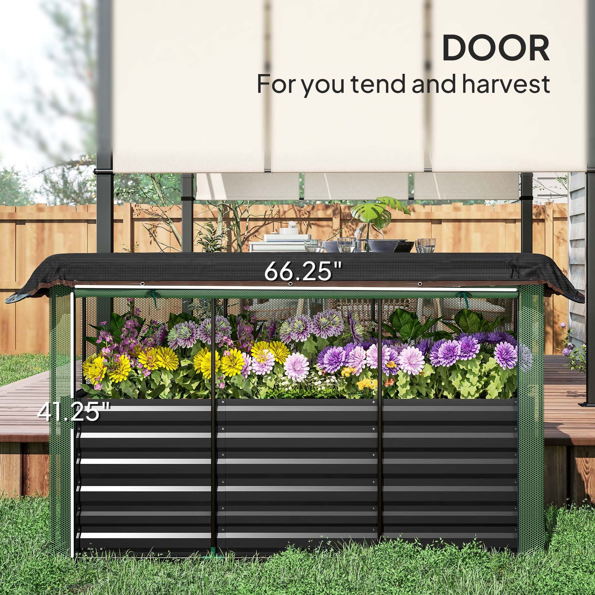 Outsunny Galvanized Steel Planter Box with Crop Cage and Shade Cloth, Raised Garden Bed for Flowers, Veggies and Herbs, Dark Gray