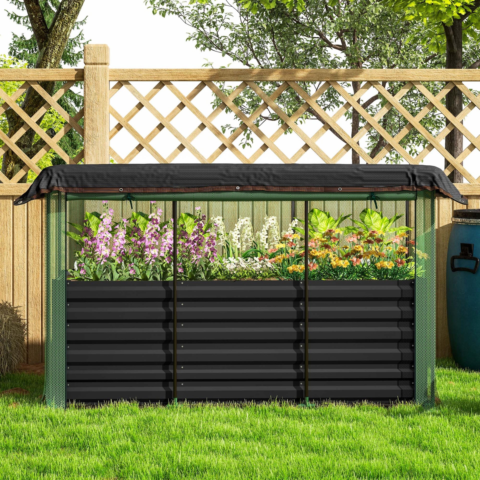 Outsunny Galvanized Steel Planter Box with Crop Cage and Shade Cloth, Raised Garden Bed for Flowers, Veggies and Herbs, Dark Gray