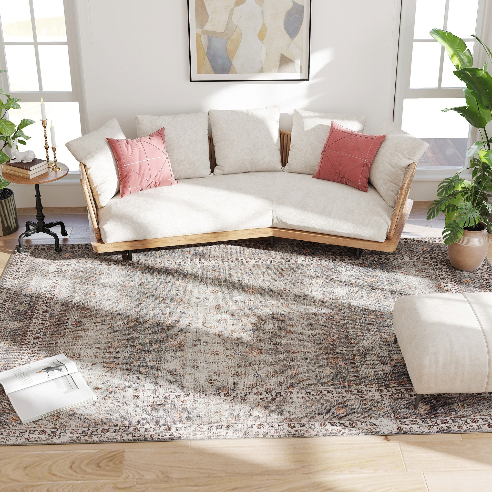 HOMCOM Machine Washable Area Rug 8x10, Non-Slip Traditional Floor Cover Foldable Carpet for Living Room, Dark Mixed-Brown