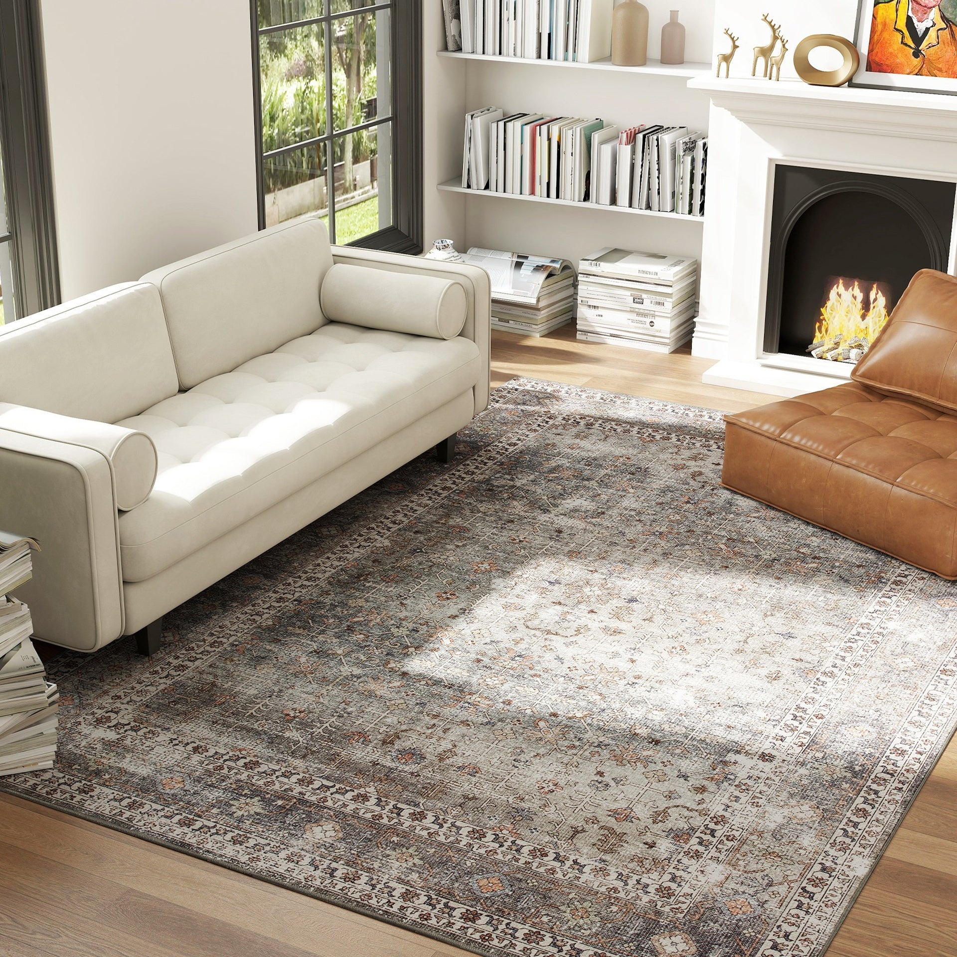 HOMCOM Machine Washable Area Rug 8x10, Non-Slip Traditional Floor Cover Foldable Carpet for Living Room, Dark Mixed-Brown