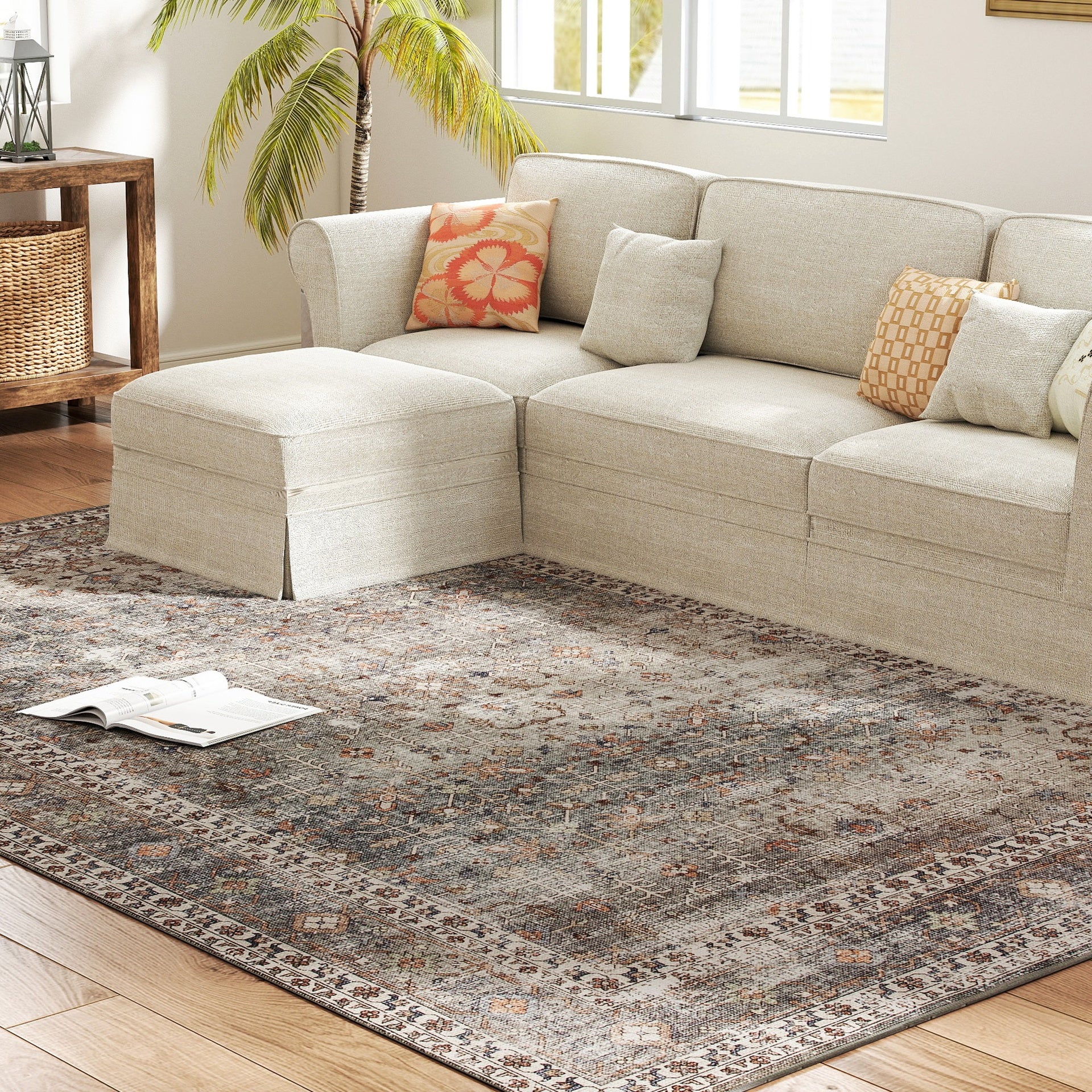 HOMCOM Machine Washable Area Rug 8x10, Non-Slip Traditional Floor Cover Foldable Carpet for Living Room, Dark Mixed-Brown