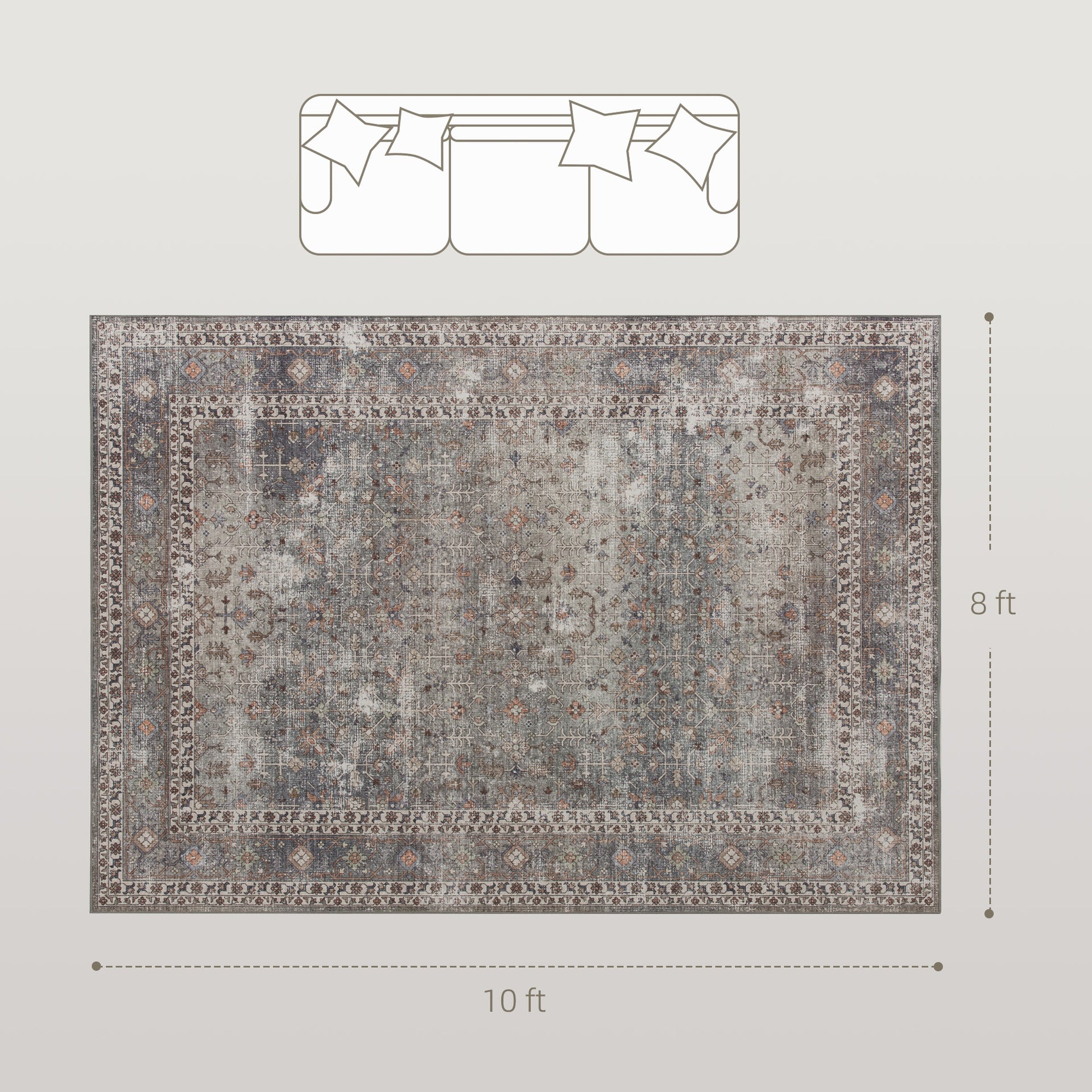 HOMCOM Machine Washable Area Rug 8x10, Non-Slip Traditional Floor Cover Foldable Carpet for Living Room, Dark Mixed-Brown