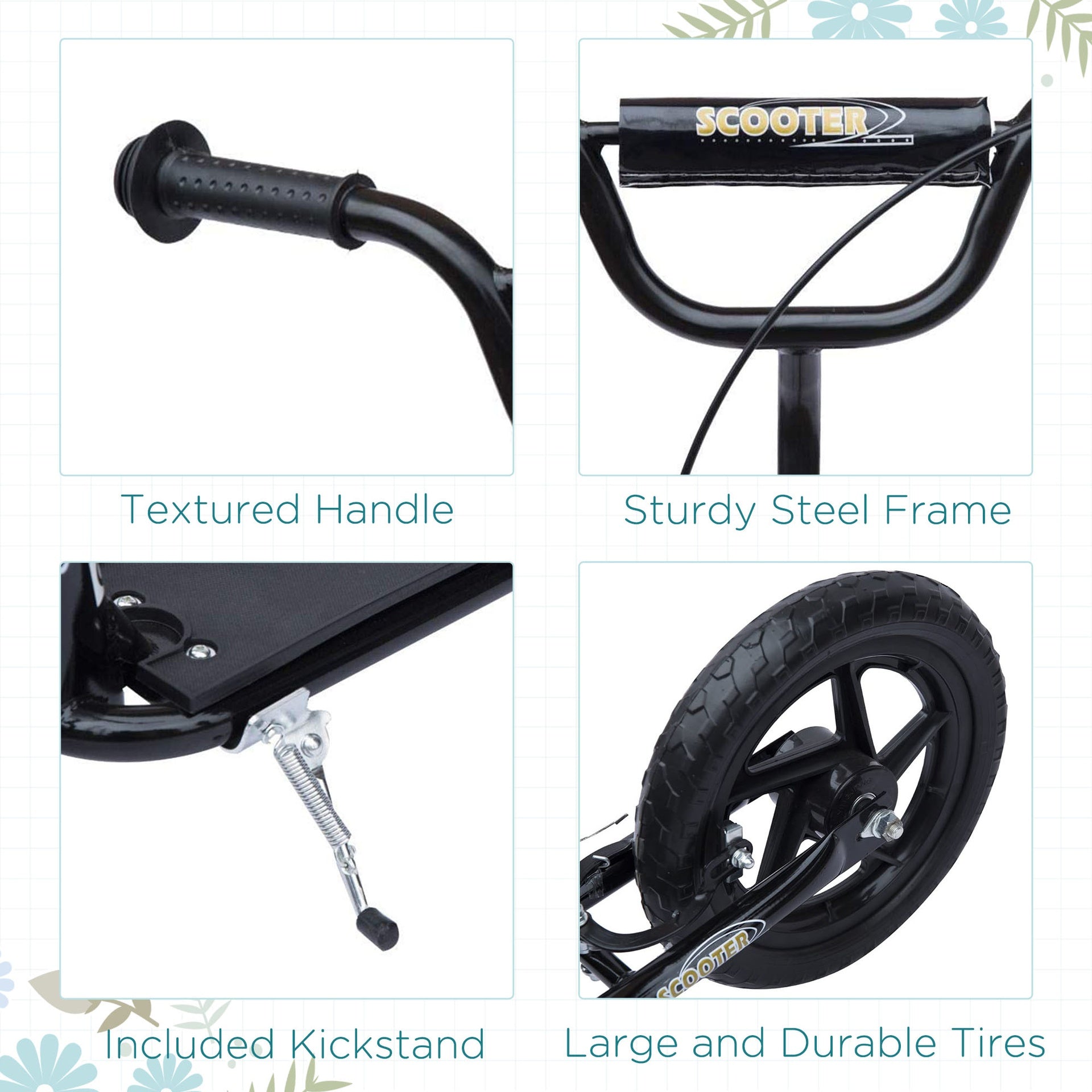 HOMCOM Kick Scooter for Kids 5-12 Years Old with Adjustable Height Handlebar, Non-slip Footplate, Big Wheels, Rear Brake, Black