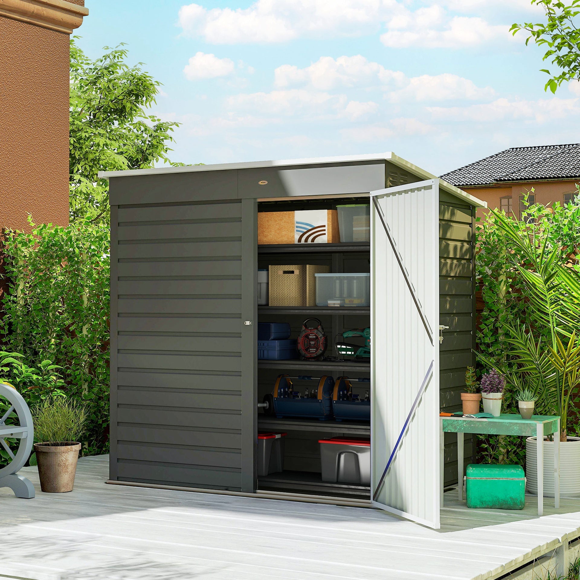 Outsunny 6' x 4' Outdoor Garden Shed, Metal Storage Shed with Lockable Door and Gloves for Backyard Garden Patio, Light Gray