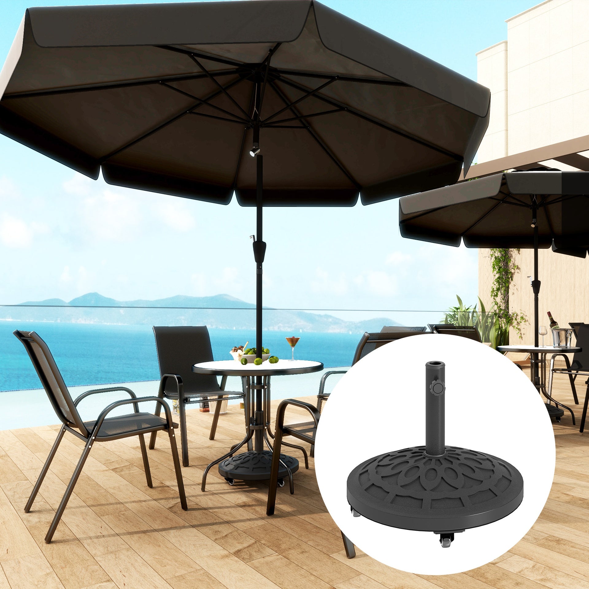 Outsunny Round Patio Umbrella Base with Wheels, 46 lbs Resin Umbrella Stand Base, Heavy Duty Patio Umbrella Holder for 1.3"/1.5"/1.9" Umbrella Poles for Outdoor, Lawn, Poolside, Black