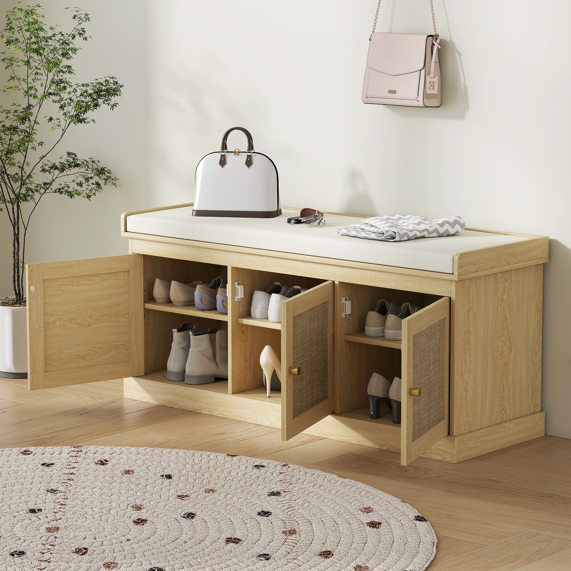 HOMCOM Shoe Storage Bench with Woven Rattan Doors, Shoe Bench with Cushion, Adjustable Shelves, Entryway Bench, Oak Tone