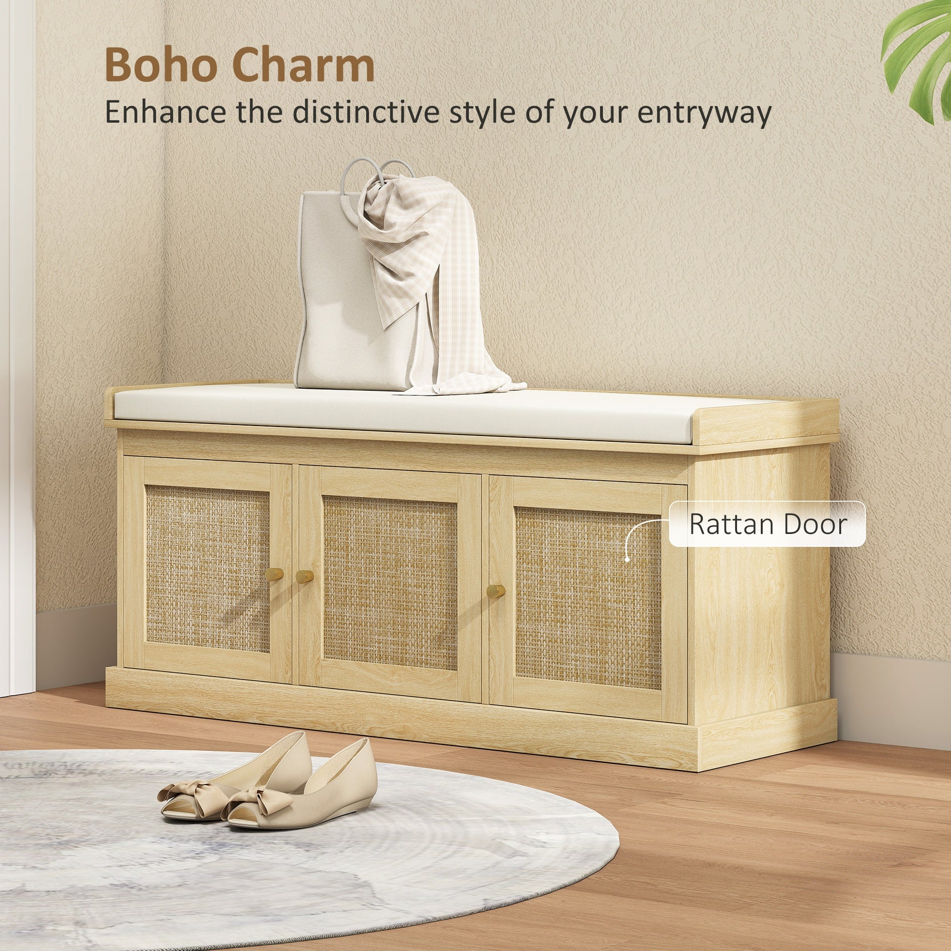 HOMCOM Shoe Storage Bench with Woven Rattan Doors, Shoe Bench with Cushion, Adjustable Shelves, Entryway Bench, Oak Tone