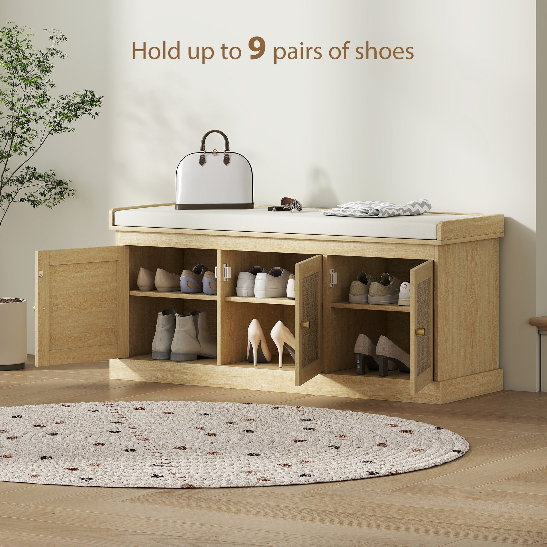 HOMCOM Shoe Storage Bench with Woven Rattan Doors, Shoe Bench with Cushion, Adjustable Shelves, Entryway Bench, Oak Tone