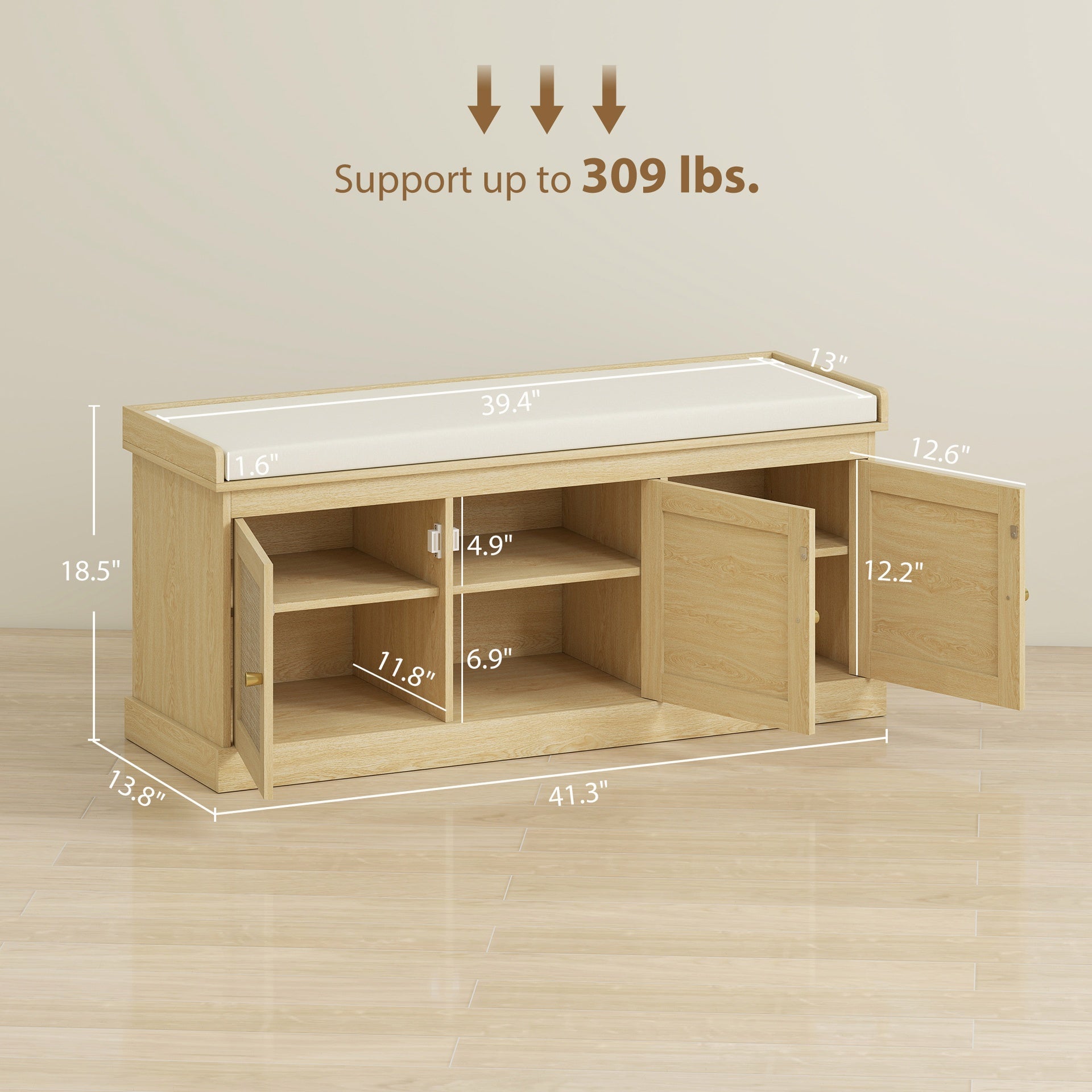 HOMCOM Shoe Storage Bench with Woven Rattan Doors, Shoe Bench with Cushion, Adjustable Shelves, Entryway Bench, Oak Tone