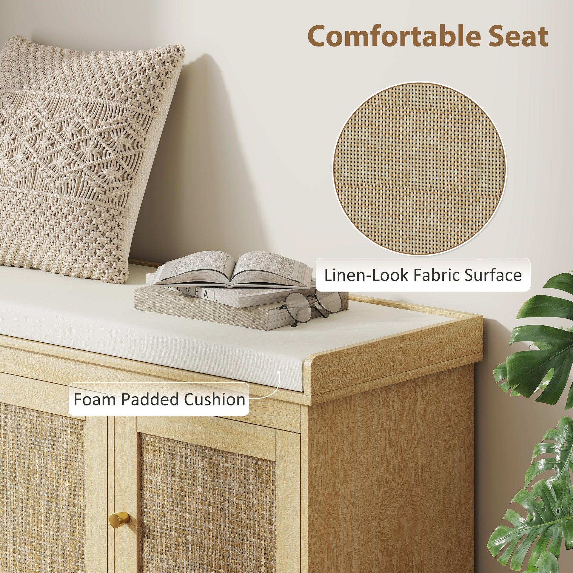 HOMCOM Shoe Storage Bench with Woven Rattan Doors, Shoe Bench with Cushion, Adjustable Shelves, Entryway Bench, Oak Tone