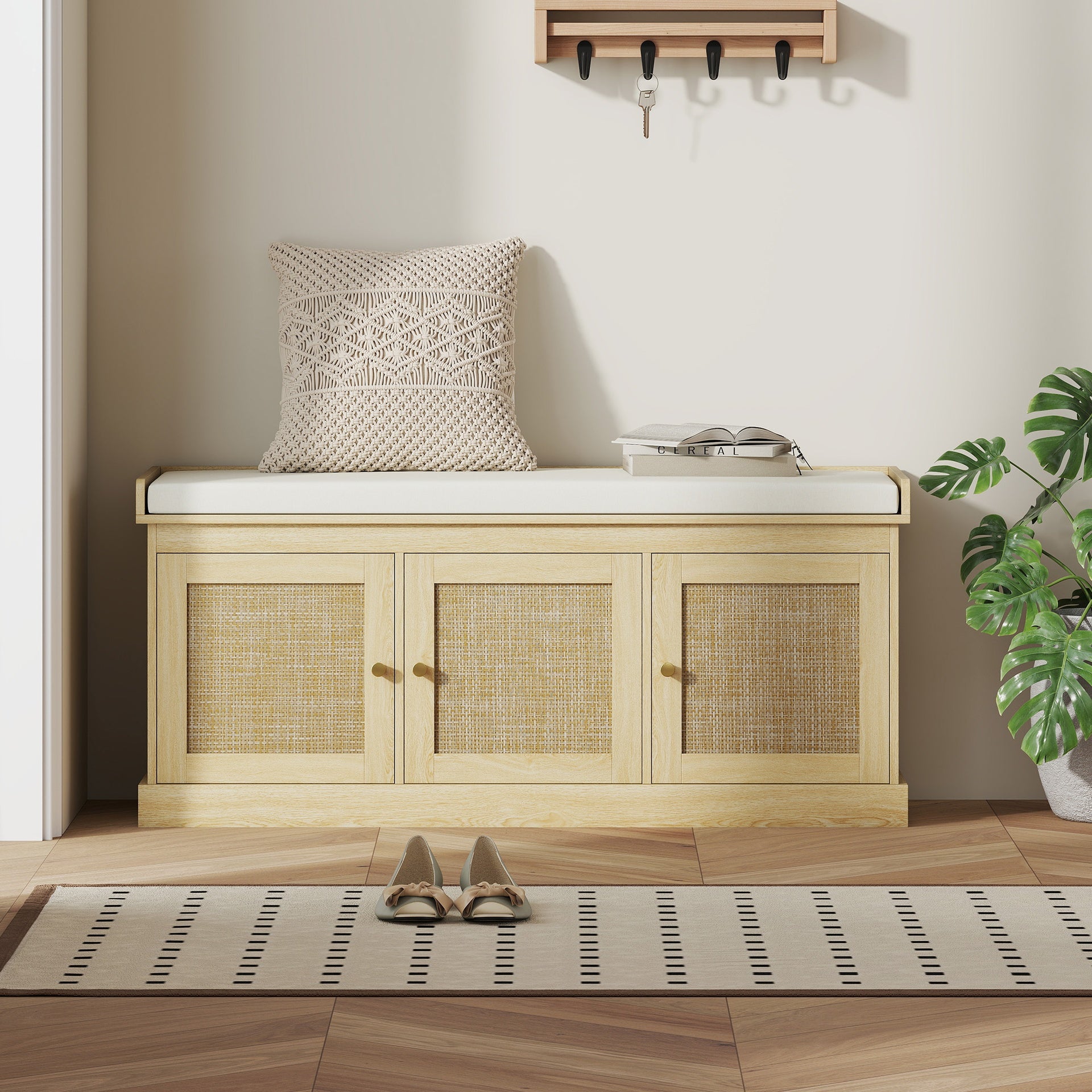 HOMCOM Shoe Storage Bench with Woven Rattan Doors, Shoe Bench with Cushion, Adjustable Shelves, Entryway Bench, Oak Tone