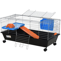 PawHut 35"L Small Animal Cage with Food Dish, Water Bottle, Hay Feeder, Platform, Ramp for Chinchilla, Black