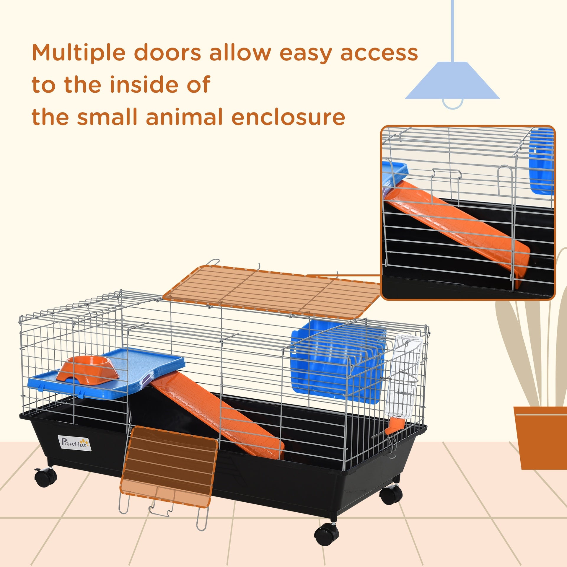 PawHut 35"L Small Animal Cage with Food Dish, Water Bottle, Hay Feeder, Platform, Ramp for Chinchilla, Black