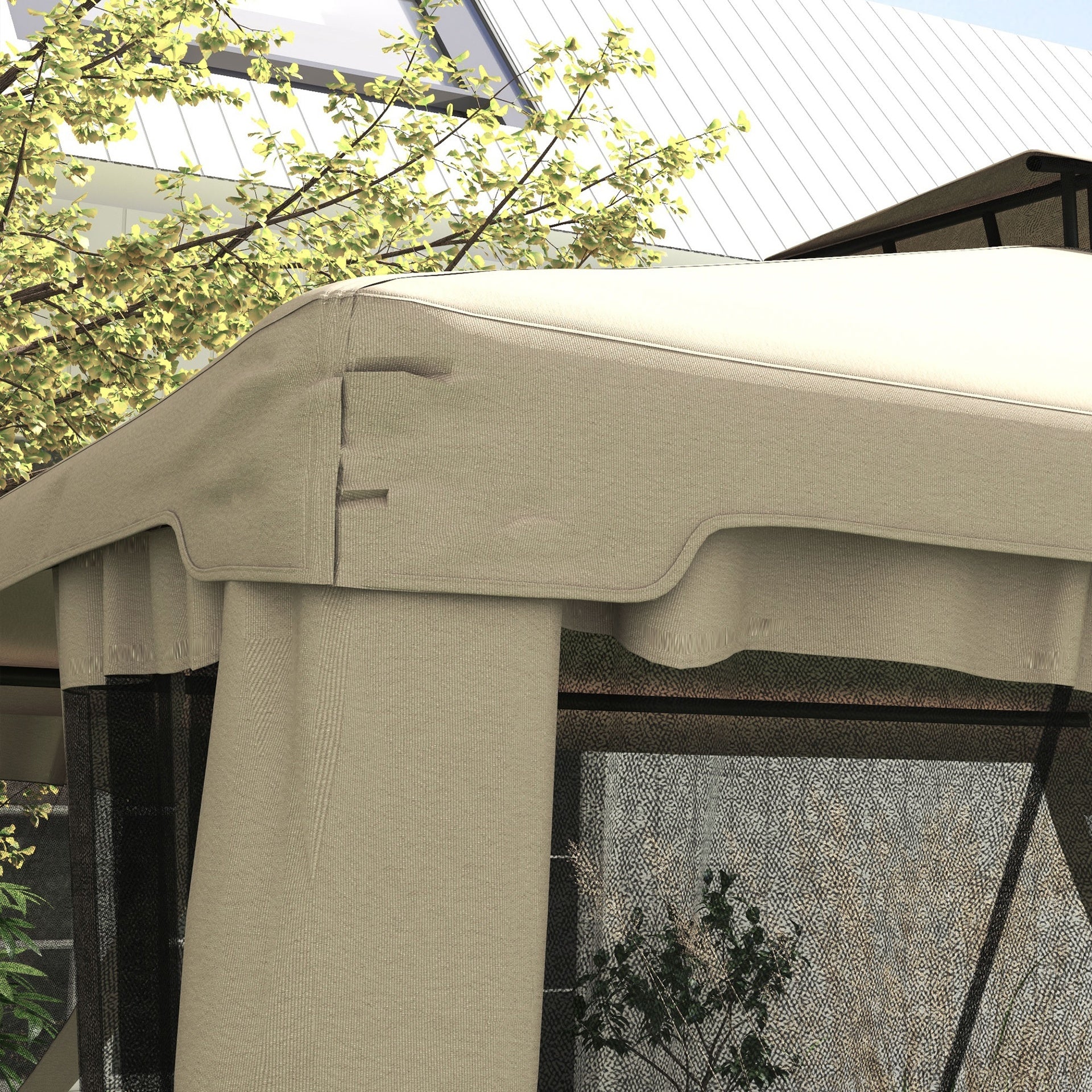 Outsunny 9.6' x 11.6' Patio Gazebo Outdoor Canopy Shelter with 2-Tier Roof and Netting, Steel Frame for Garden, Taupe