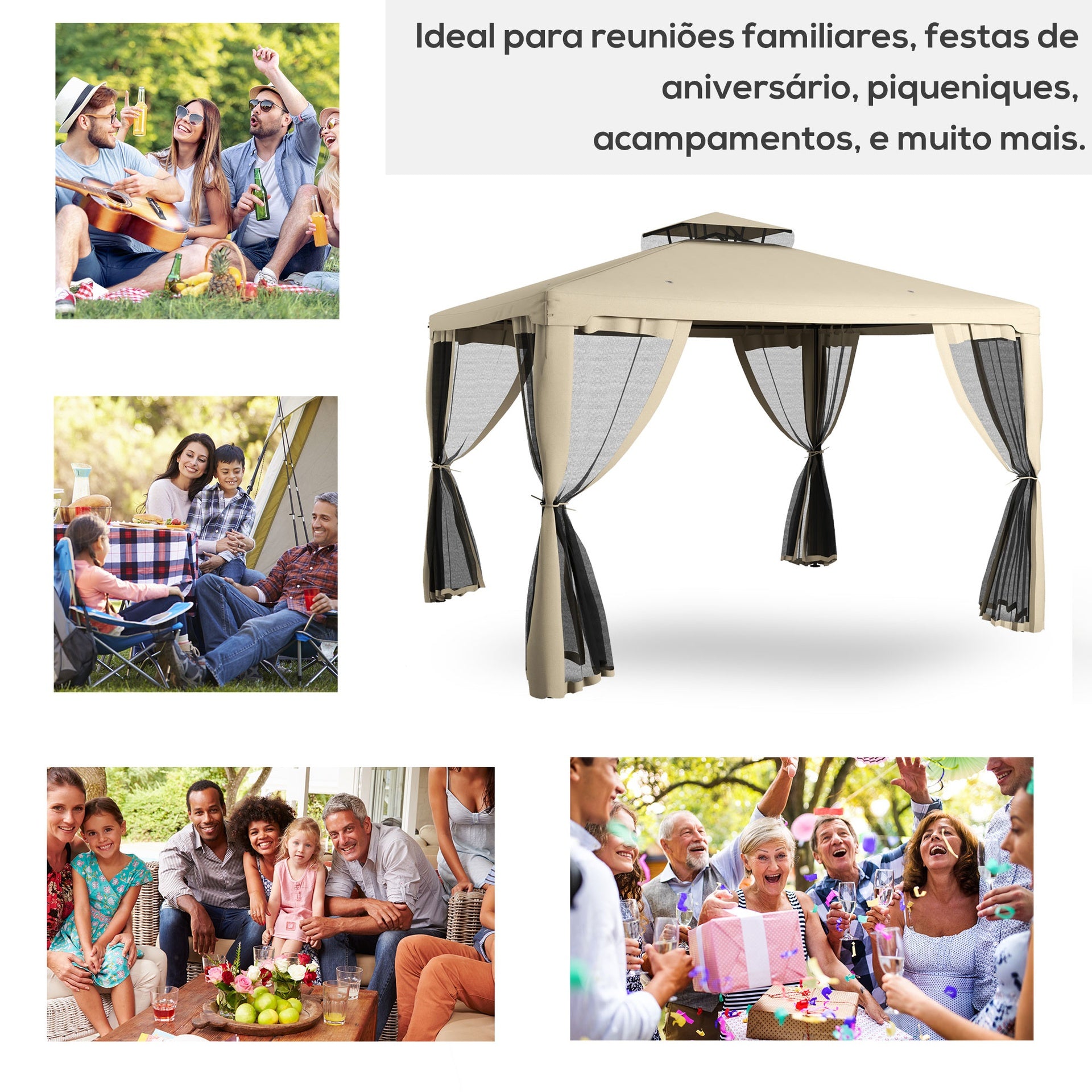 Outsunny 9.6' x 11.6' Patio Gazebo Outdoor Canopy Shelter with 2-Tier Roof and Netting, Steel Frame for Garden, Taupe