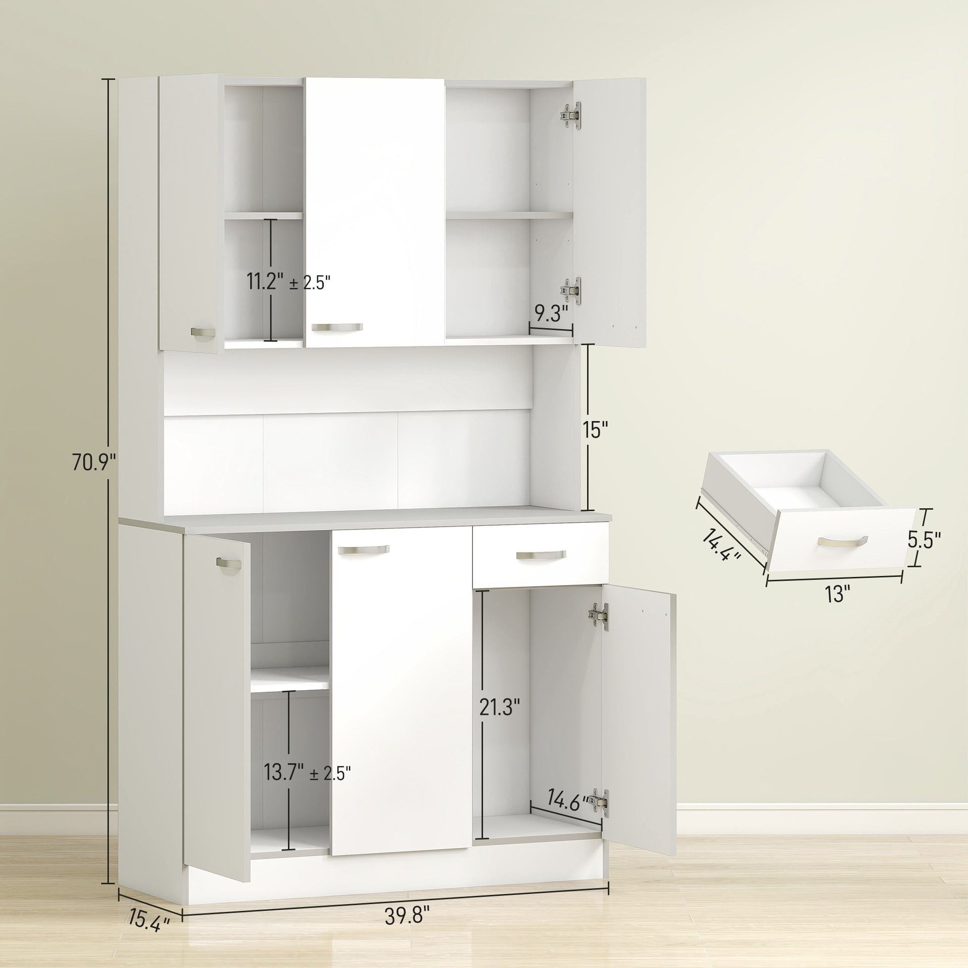 HOMCOM 71" Kitchen Pantry Cabinet, Tall Storage Cabinet with Microwave Stand, Modern Kitchen Hutch with Countertop, 6 Doors, Storage Drawer, 3 Adjustable Shelves for Living Room, Dining Room, White