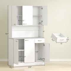 HOMCOM 71" Kitchen Pantry Cabinet, Tall Storage Cabinet with Microwave Stand, Modern Kitchen Hutch with Countertop, 6 Doors, Storage Drawer, 3 Adjustable Shelves for Living Room, Dining Room, White