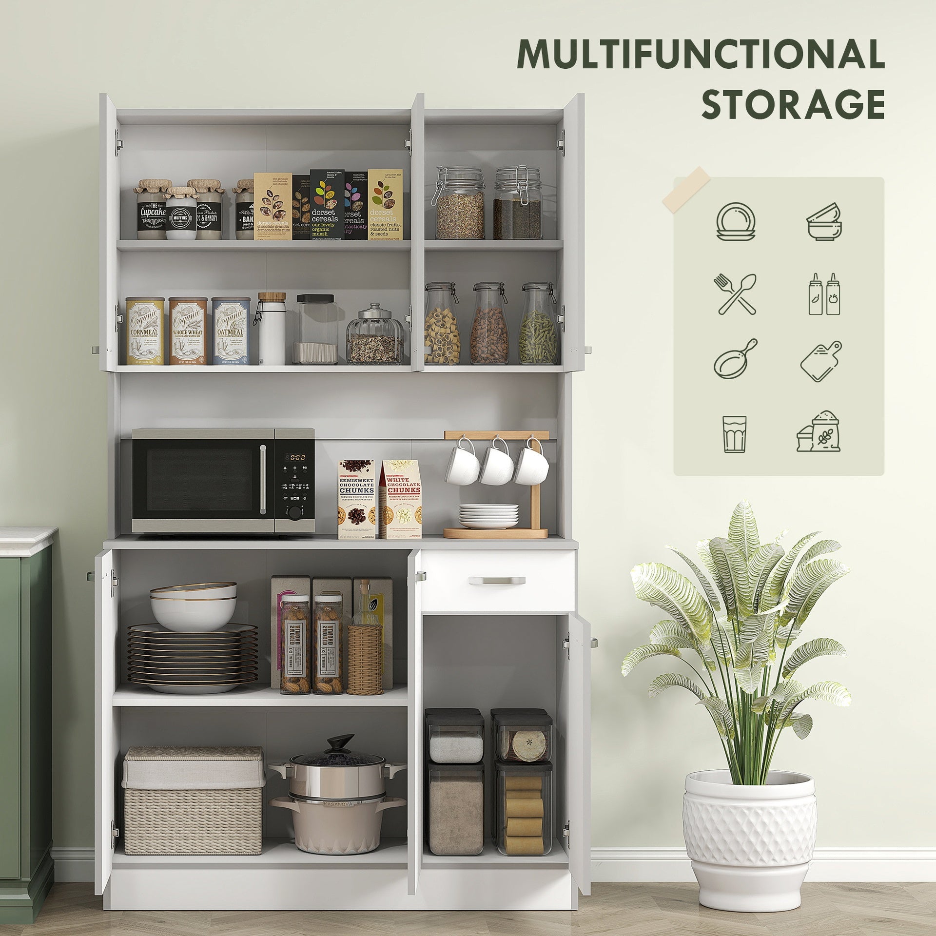 HOMCOM 71" Kitchen Pantry Cabinet, Tall Storage Cabinet with Microwave Stand, Modern Kitchen Hutch with Countertop, 6 Doors, Storage Drawer, 3 Adjustable Shelves for Living Room, Dining Room, White