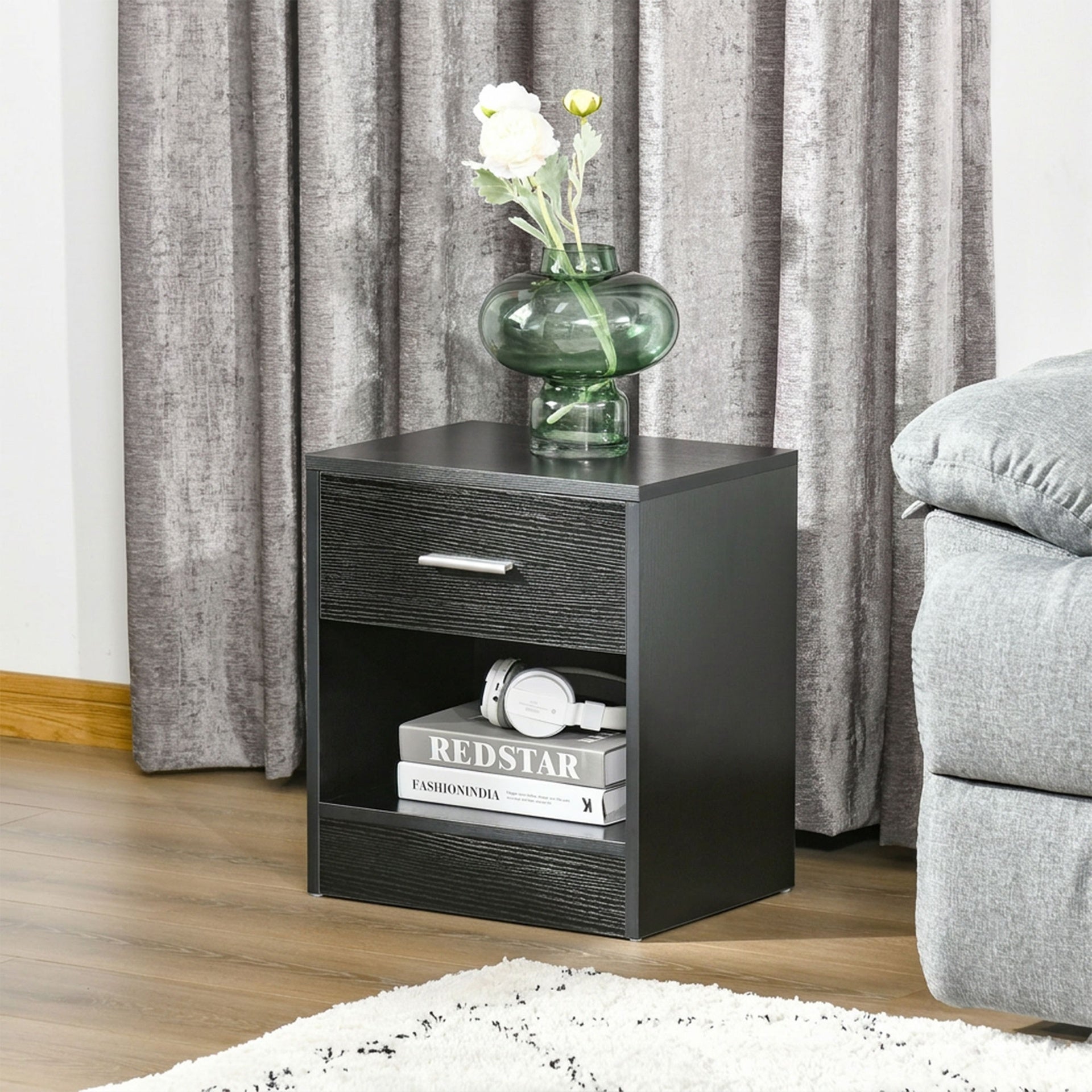 HOMCOM Modern Side Table with Drawer and Storage Shelf, End Table for Living Room, Black Wood Grain