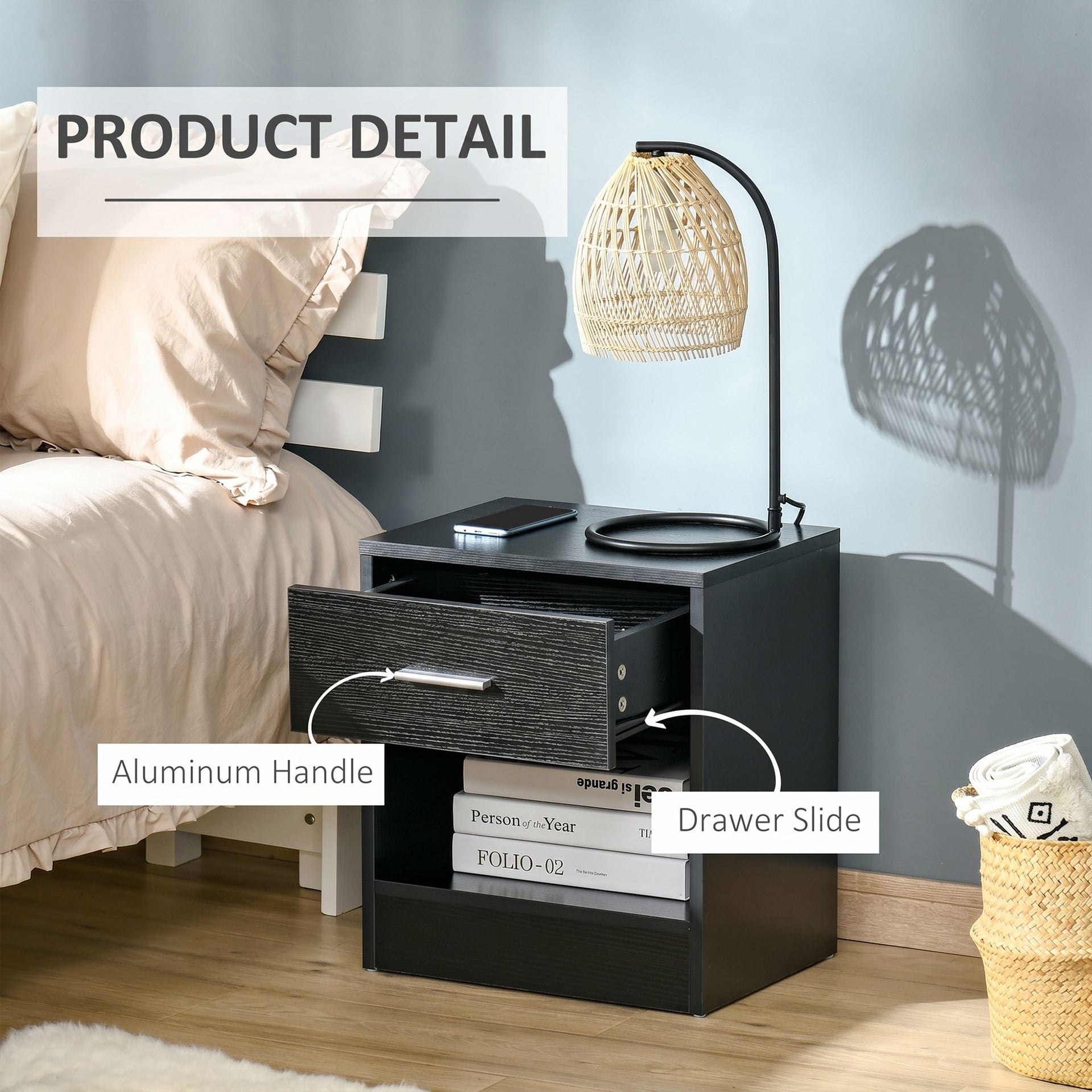 HOMCOM Modern Side Table with Drawer and Storage Shelf, End Table for Living Room, Black Wood Grain