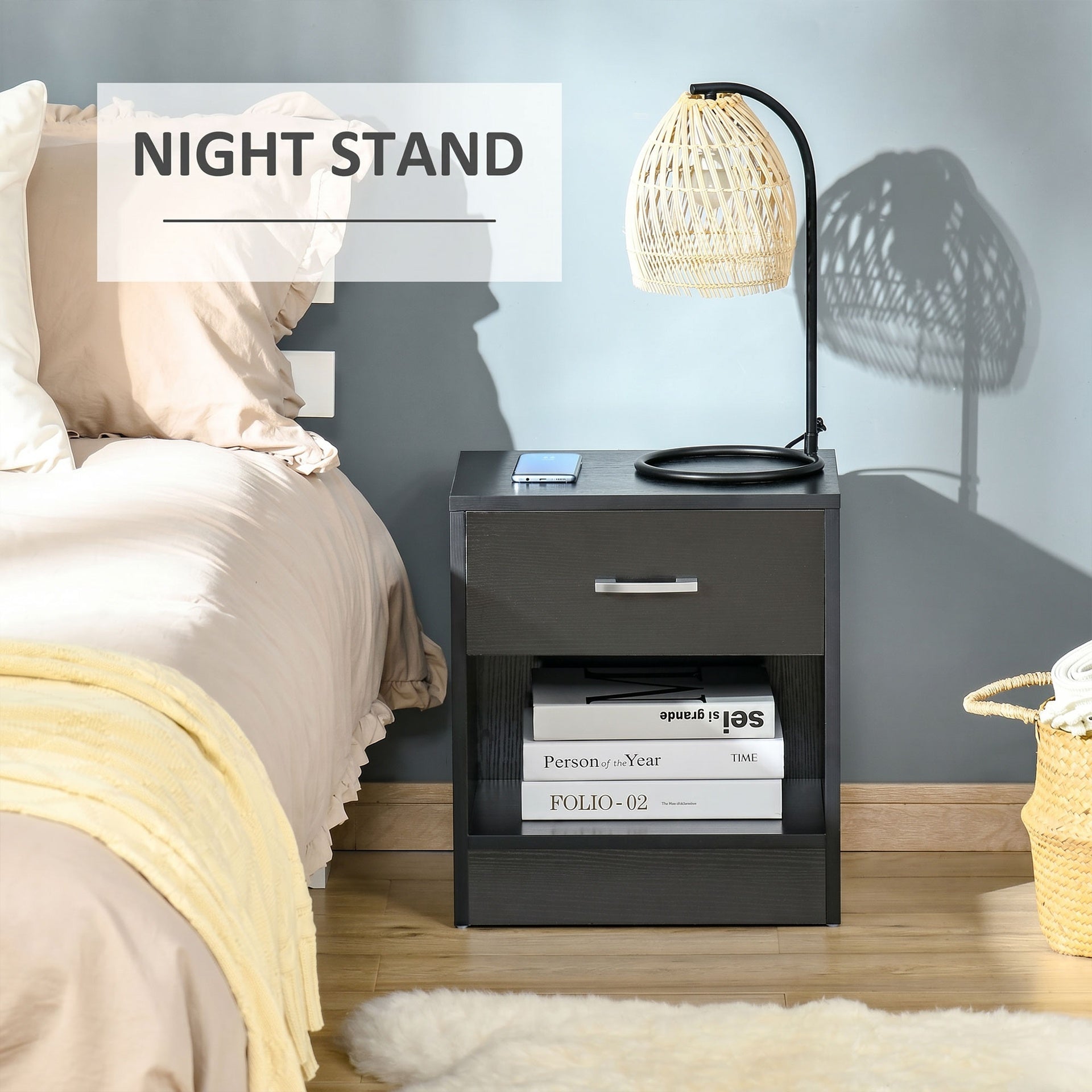 HOMCOM Modern Side Table with Drawer and Storage Shelf, End Table for Living Room, Black Wood Grain