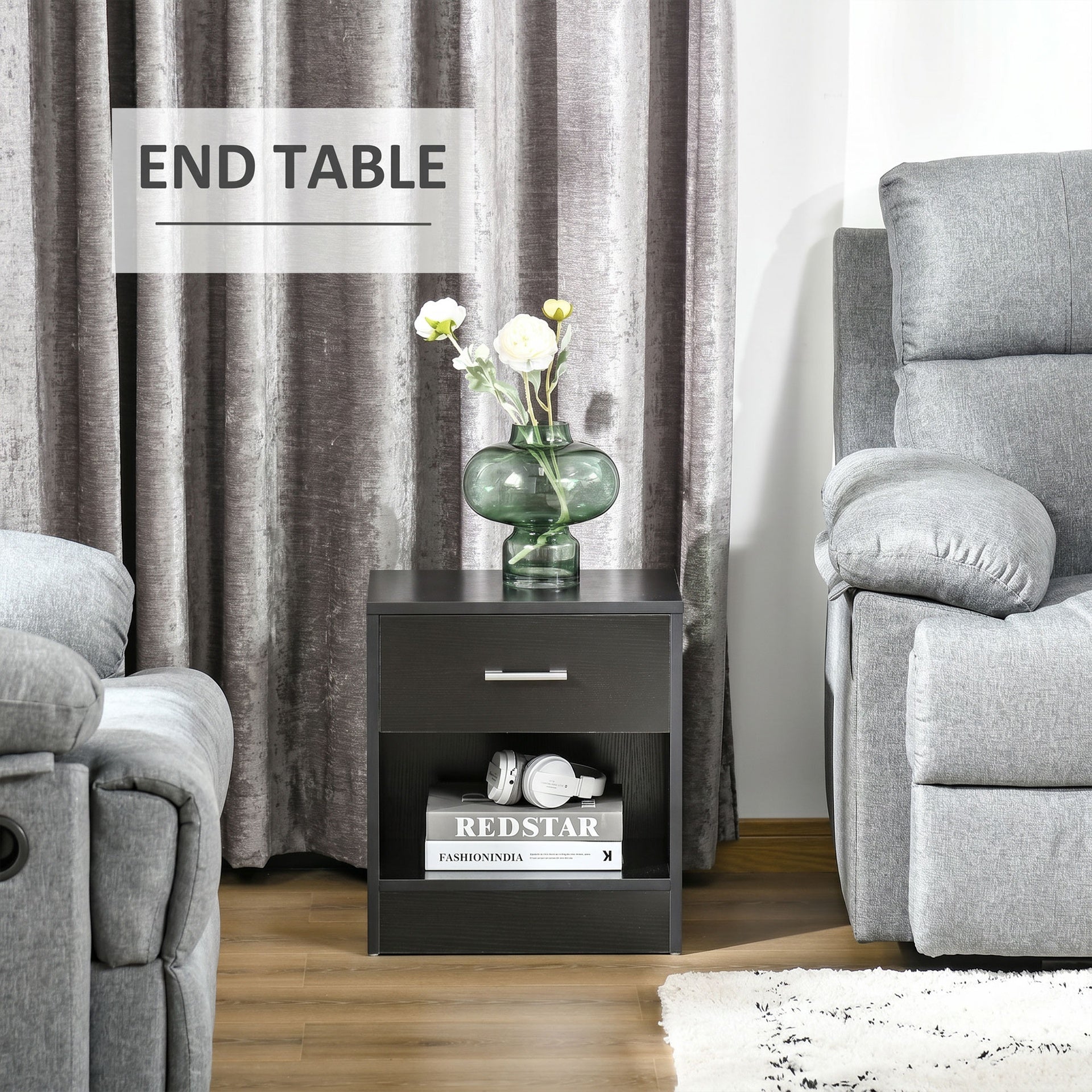 HOMCOM Modern Side Table with Drawer and Storage Shelf, End Table for Living Room, Black Wood Grain