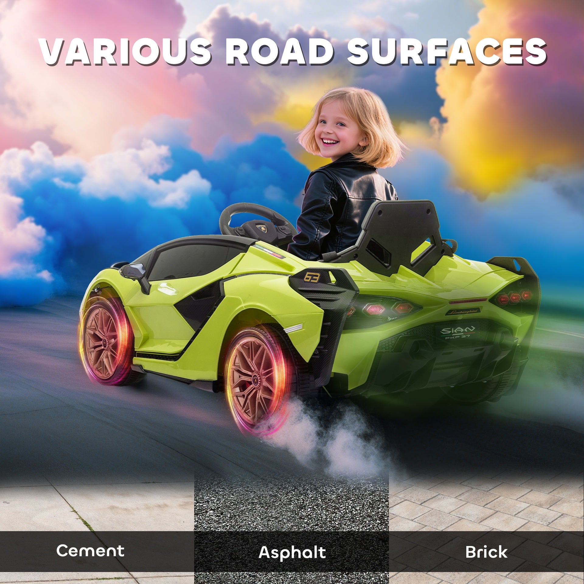Aosom 12V Lamborghini SIAN Licensed Electric Car for kids with Remote Control, Horn, Music, & Headlights, Green