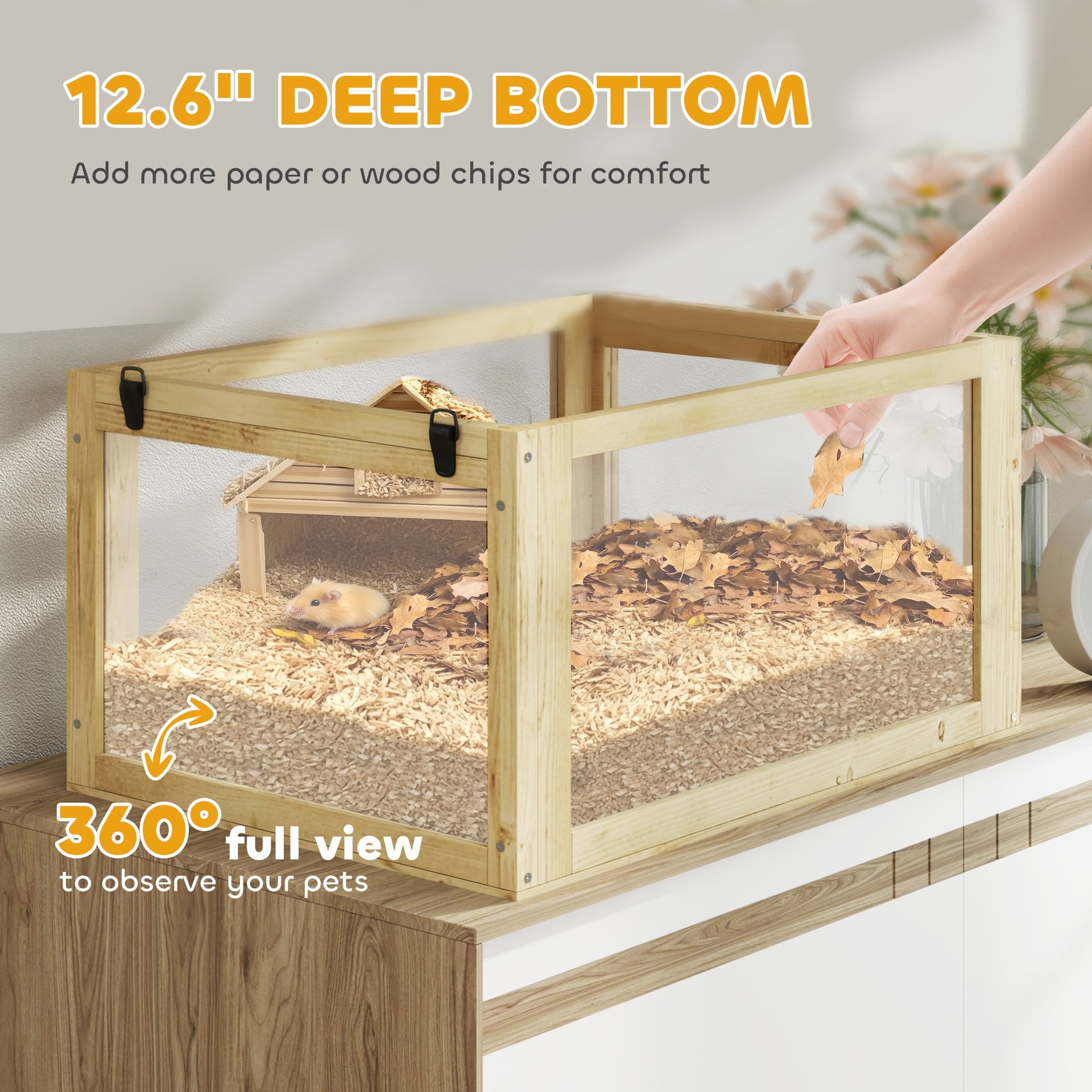 PawHut 3 Tier Wooden Hamster Cage w/ Detachable Bottom, Hut, Seesaw, Exercise Wheel, Ramps, 24" x 16" x 29.5"