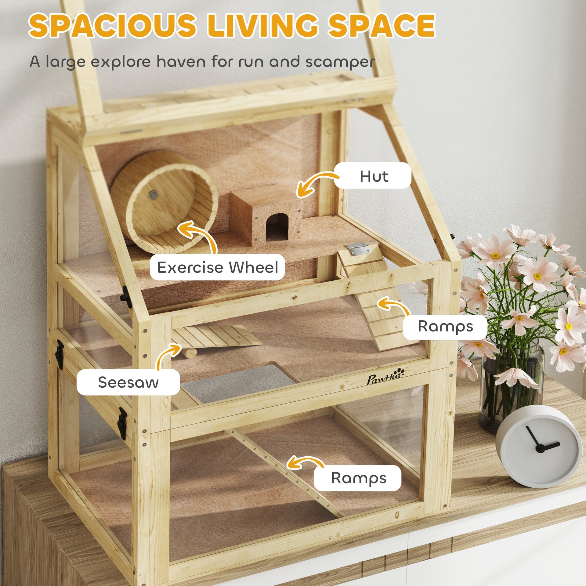 PawHut 3 Tier Wooden Hamster Cage w/ Detachable Bottom, Hut, Seesaw, Exercise Wheel, Ramps, 24" x 16" x 29.5"